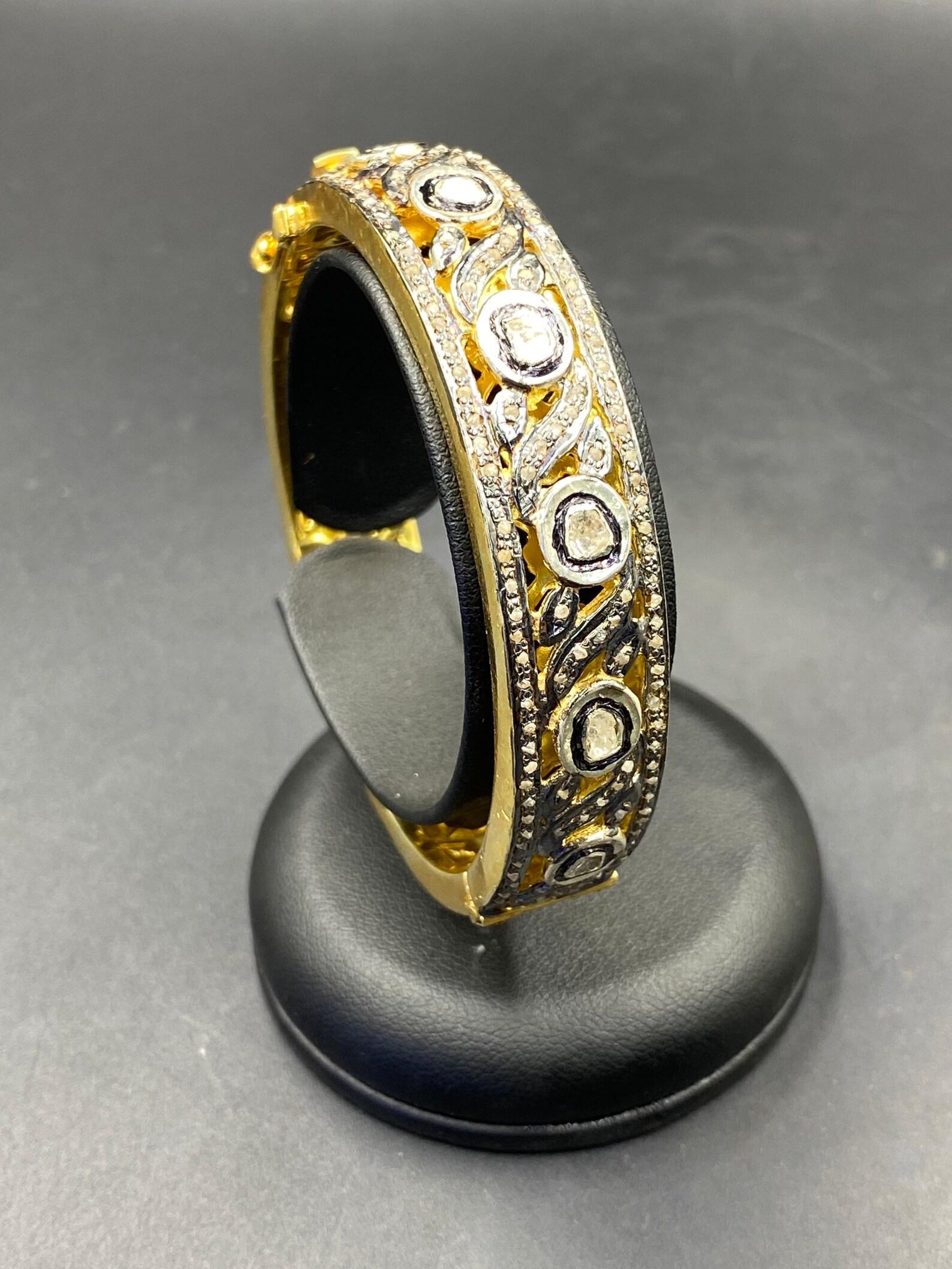 Art Deco Vintage Design Rose Cut Polki Diamond Bangle 925 Sterling Silver Beautiful Gift For Sale