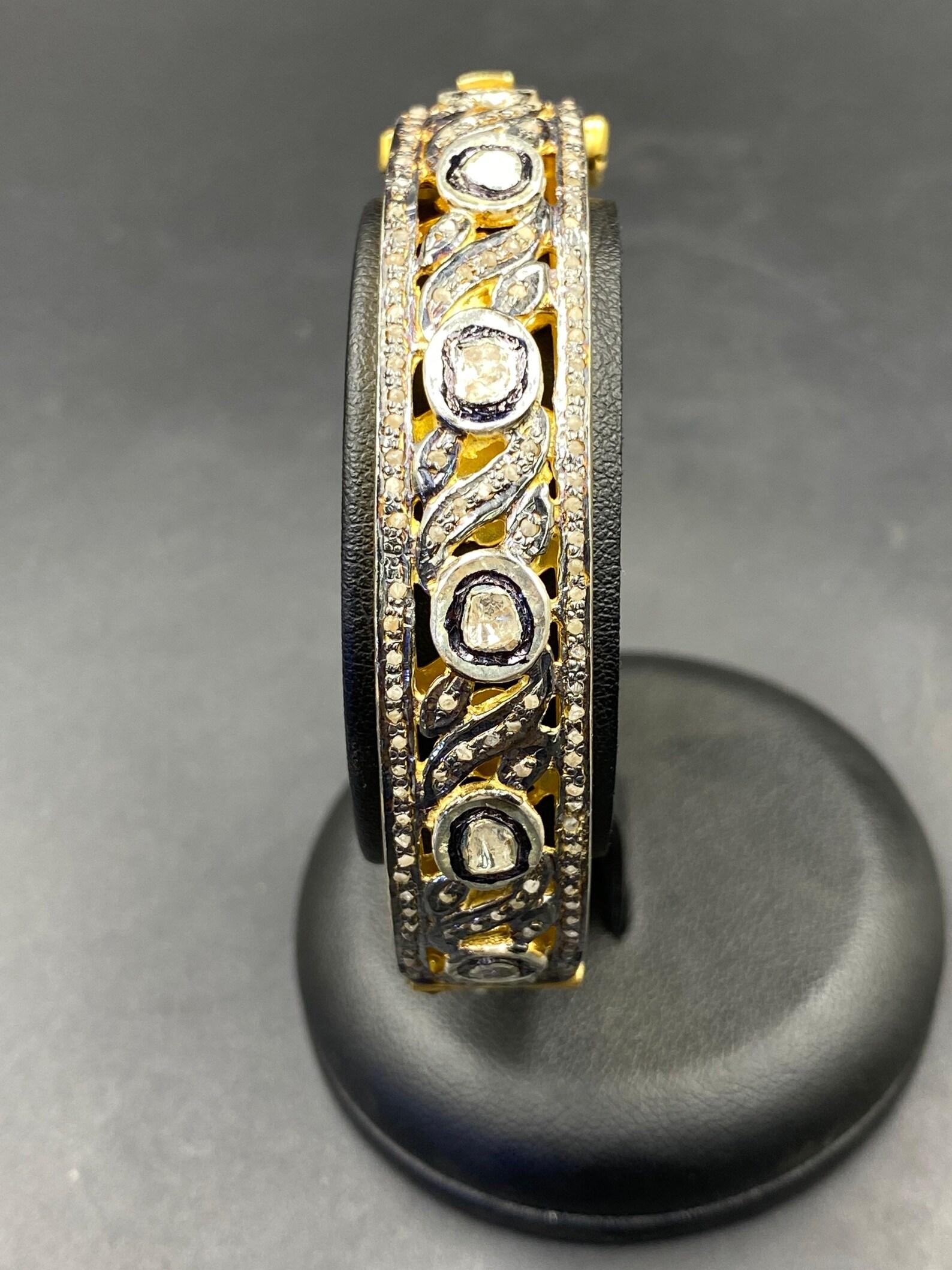 Vintage Design Rose Cut Polki Diamond Bangle 925 Sterling Silver Beautiful Gift For Sale 2