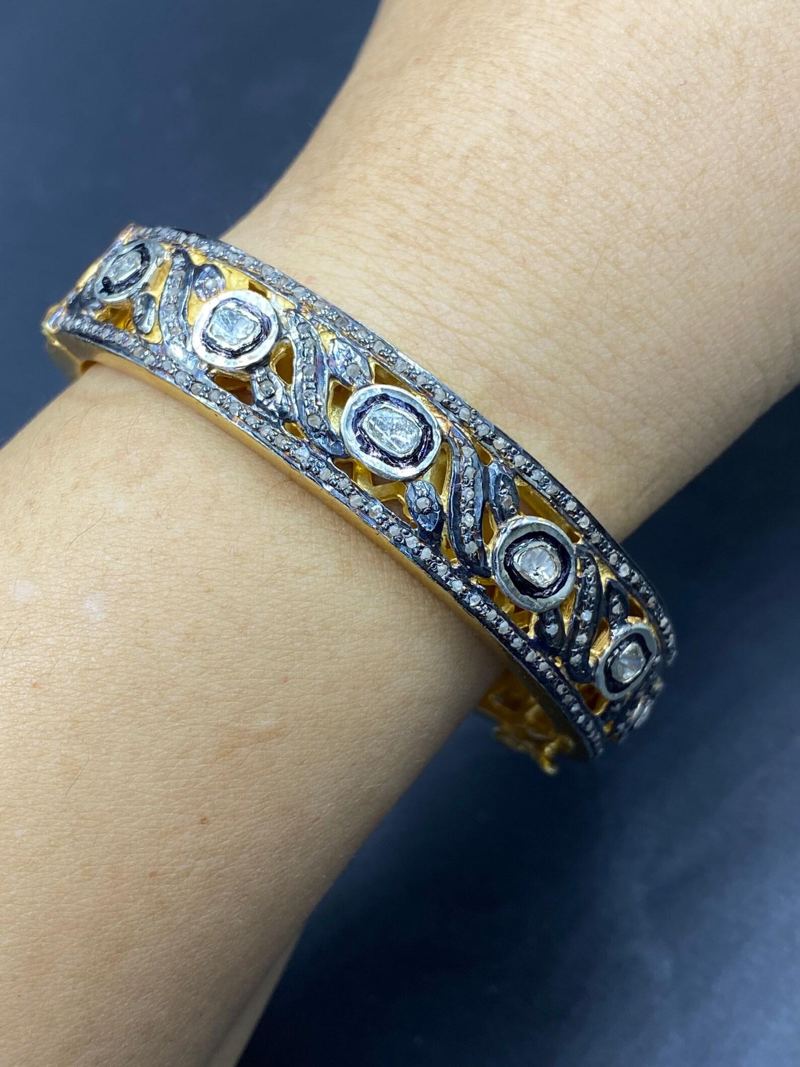 Vintage Design Rose Cut Polki Diamond Bangle 925 Sterling Silver Beautiful Gift For Sale 3