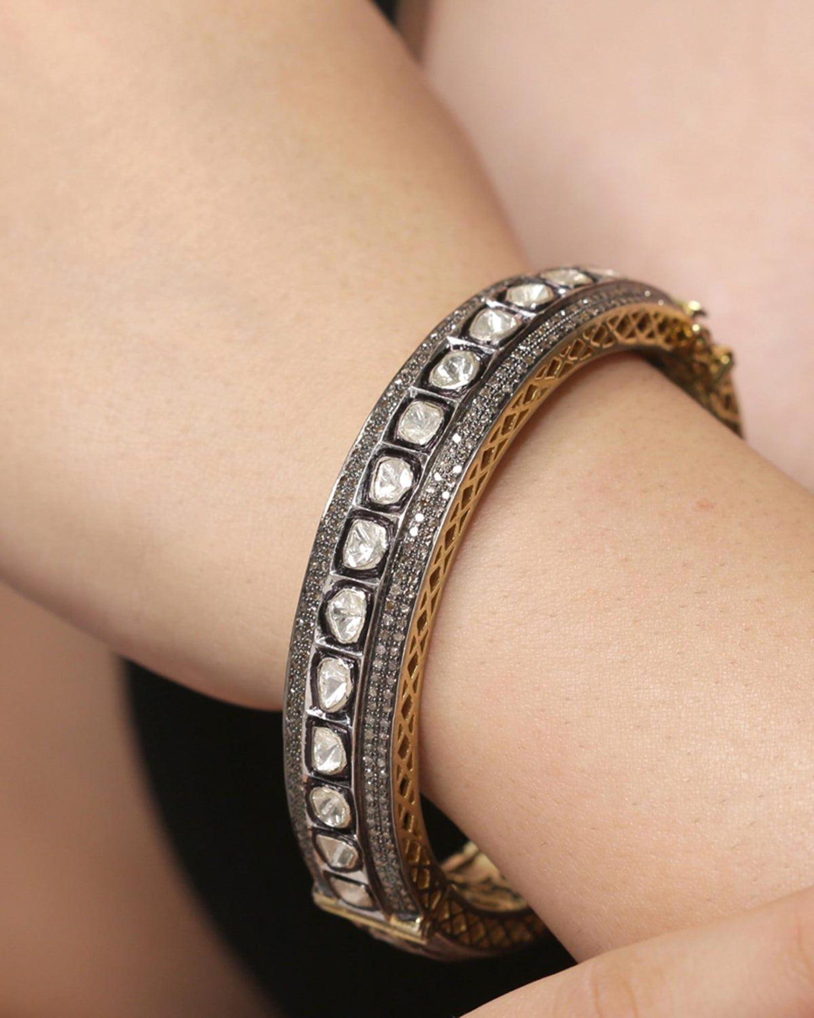Women's or Men's Vintage Design Rose Cut Polki Diamond Bangle 925 Sterling Silver birthday Gift For Sale