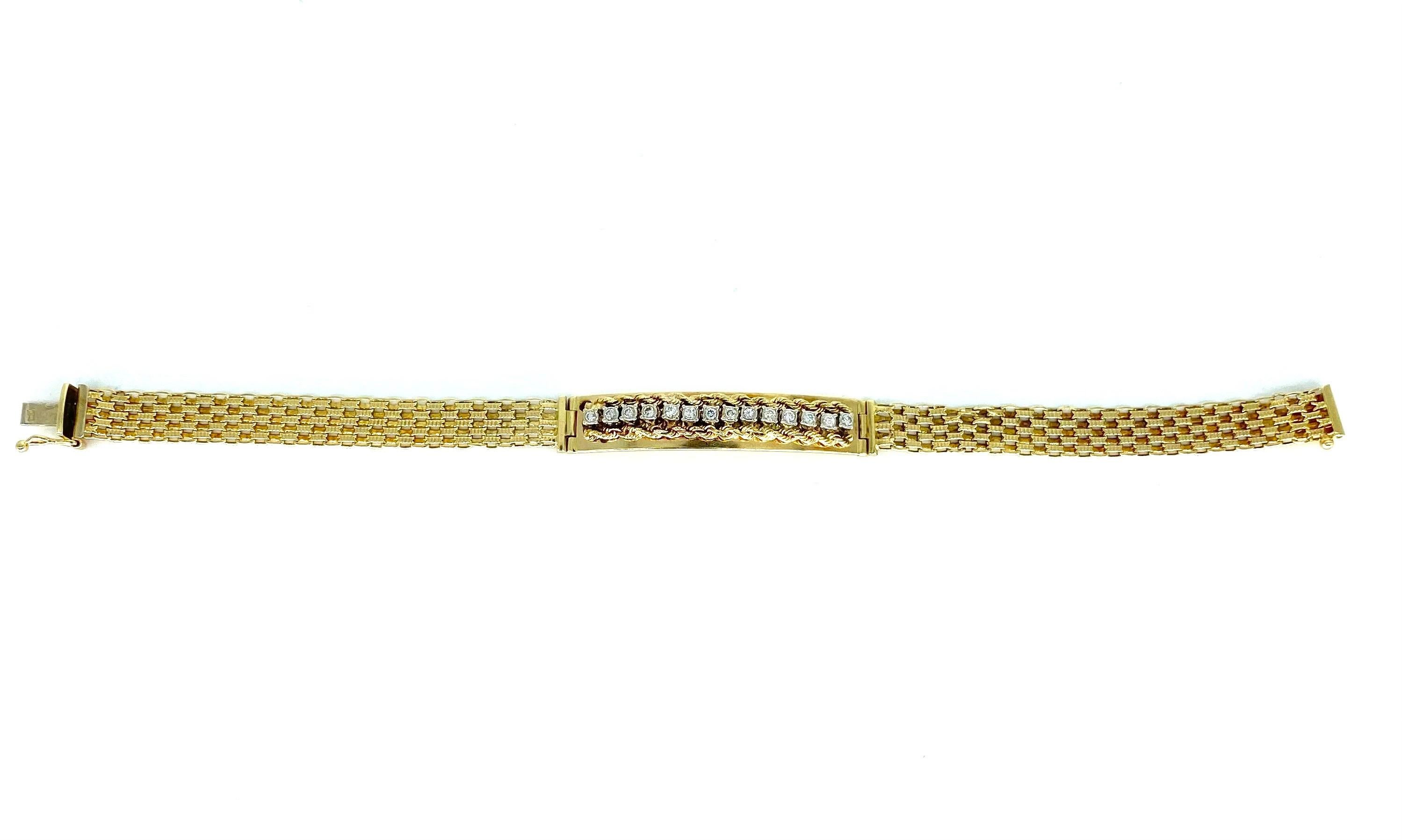 Vintage Designer 0.70 Carat Diamond Fancy Rope ID Link Bracelet 14k Gold. Beautiful bracelet featuring fancy design link throughout with an ID link center consisting of 14 white natural diamonds. What’s very unique in this bracelet is the rope chain