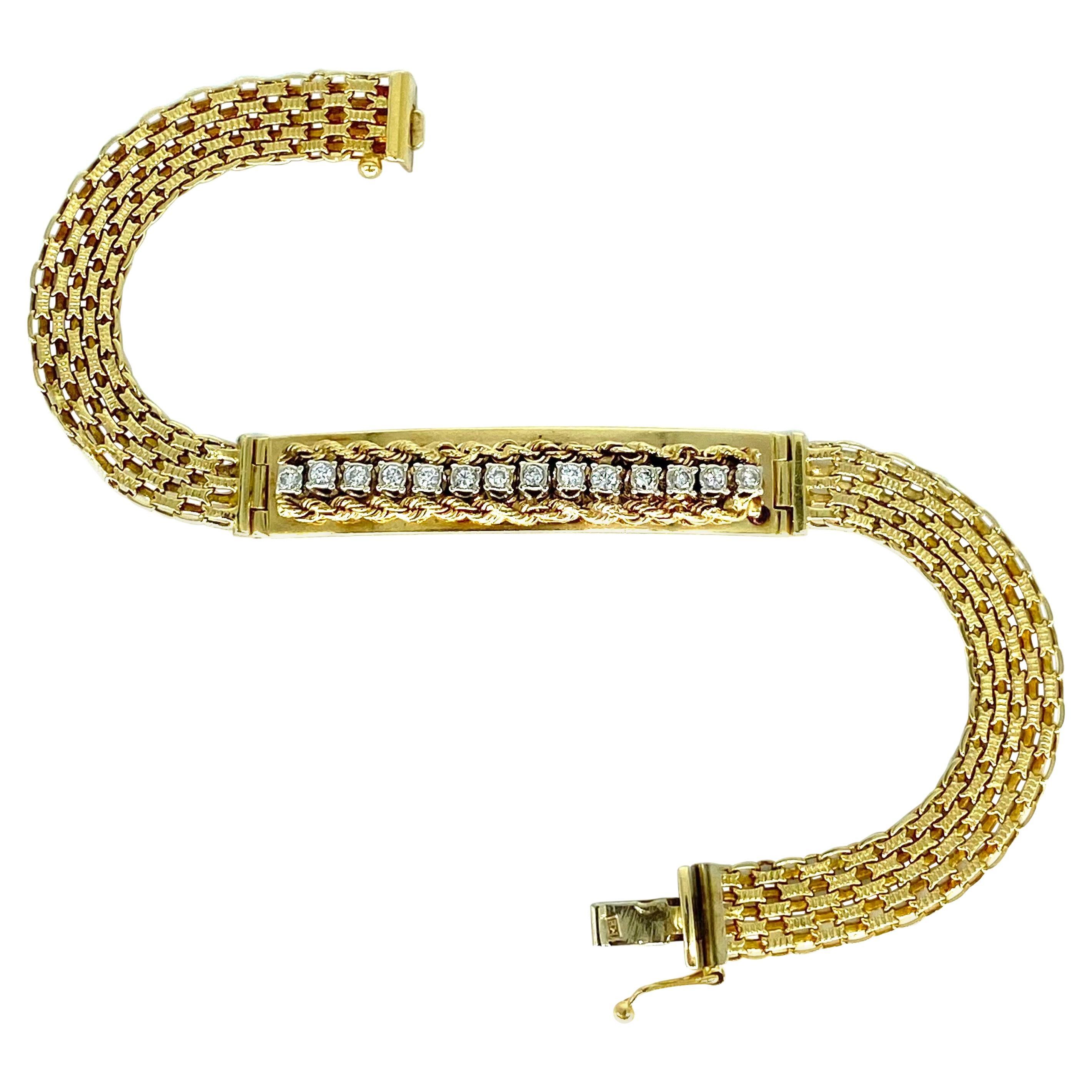 Vintage Designer 0.70 Carat Diamond Fancy Rope ID Link Bracelet 14k Gold For Sale