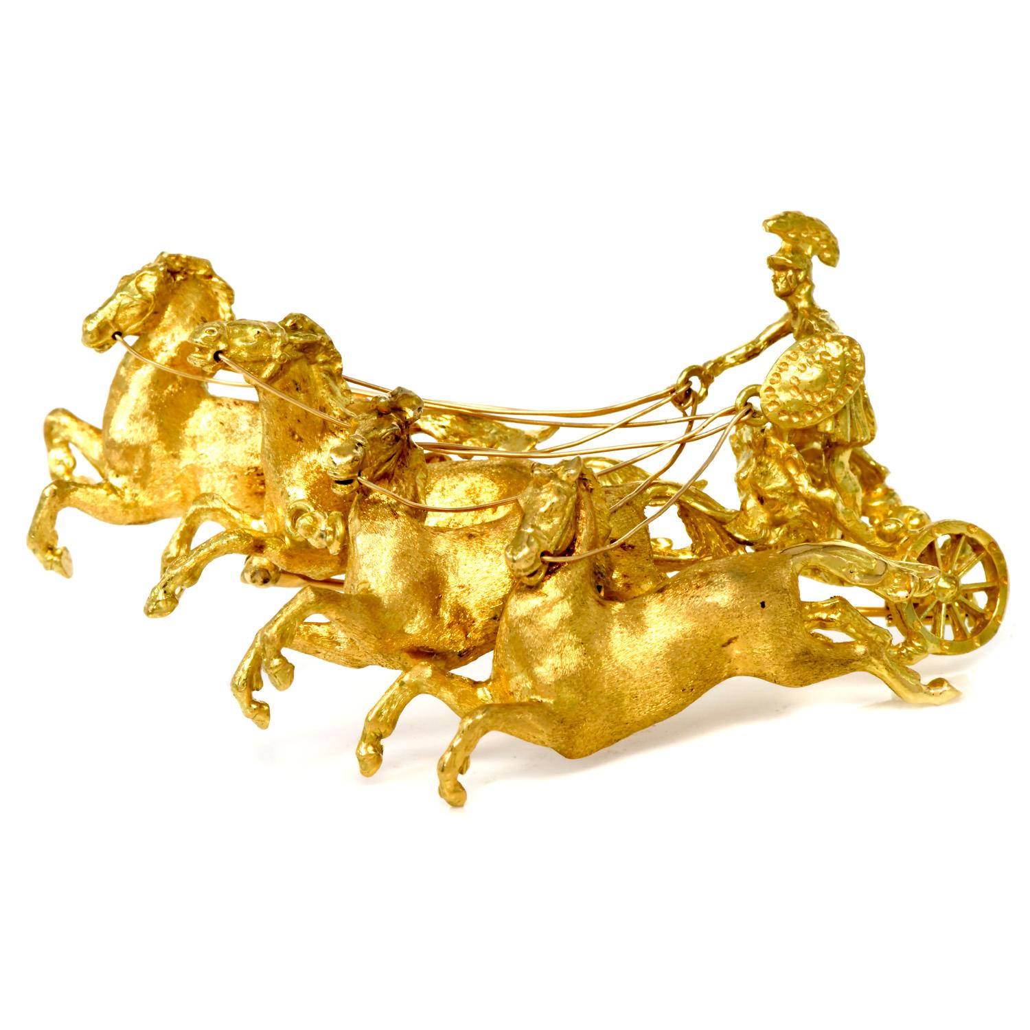 This Solid Heavy 18K Yellow Gold brooch pin is a display of high-quality craftsmanship.

This one of kind handmade Satin Finished horses, and one Roman racing Chariot with a warrior display, its total weight is approx: 52.0 Grams,

This is in