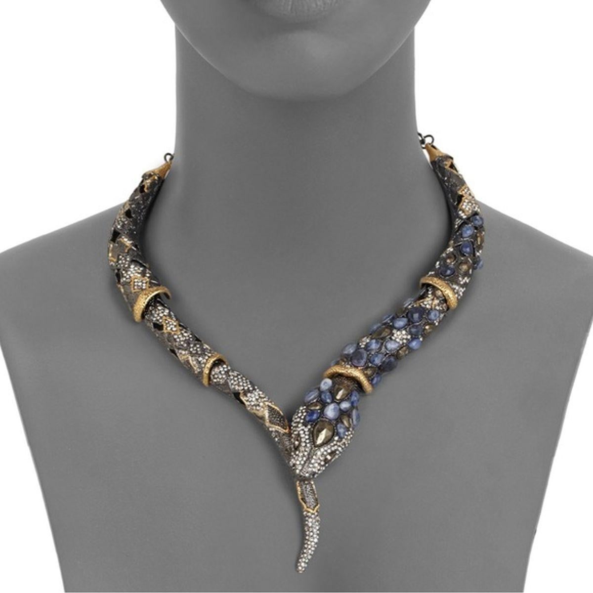 Simply Fabulous! Show Stopper Exotic Jardin de Papillon Viper Snake Serpent Red Carpet Statement Necklace by Alexis Bittar.  Encrusted with sparkling Teardrop Blue, Brown and round Crystals inter-spaced with gold gilt accents. Approx. 18