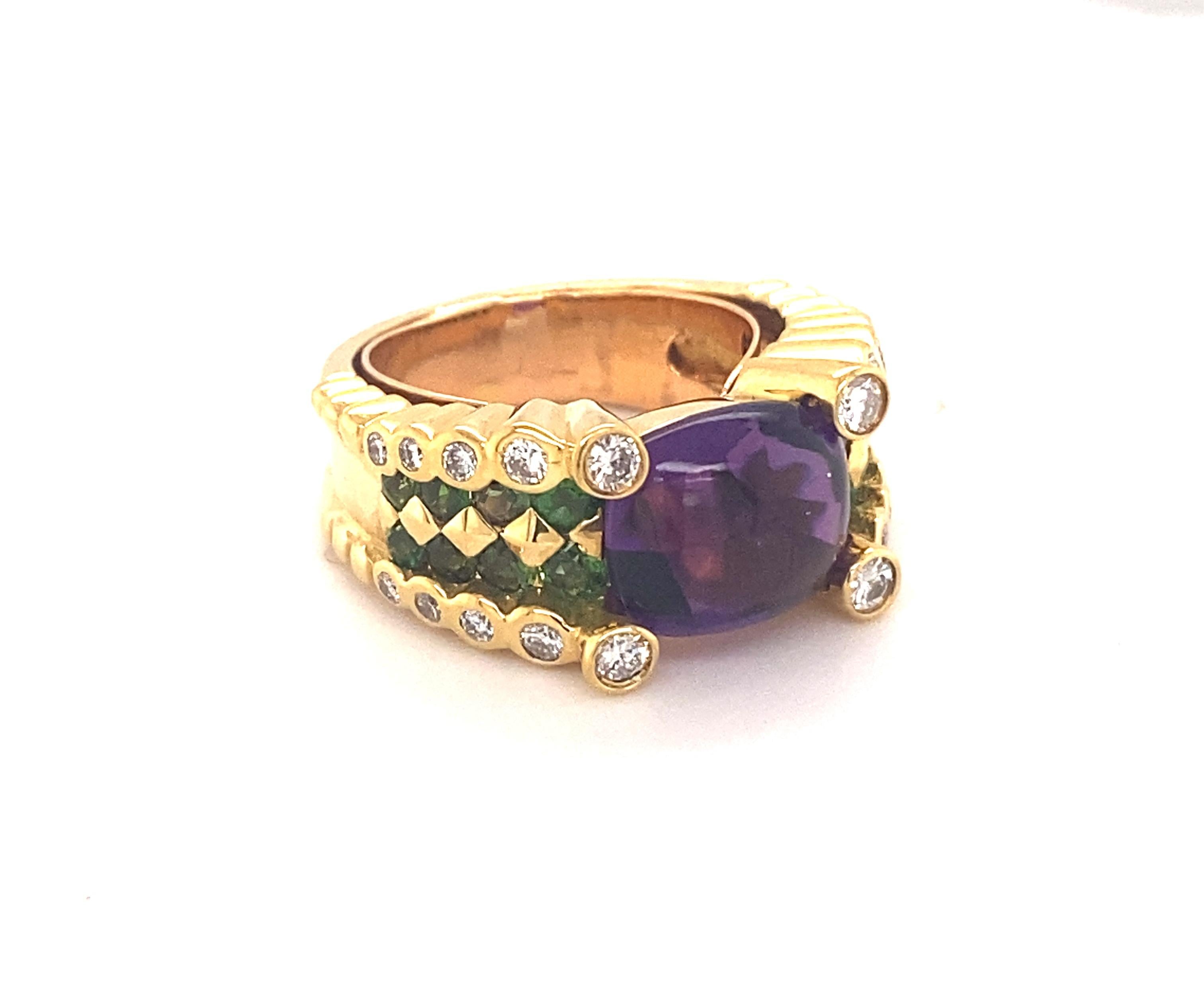 Round Cut Vintage Designer Amethyst Tsavorite Diamond 18k Yellow Gold Ring For Sale