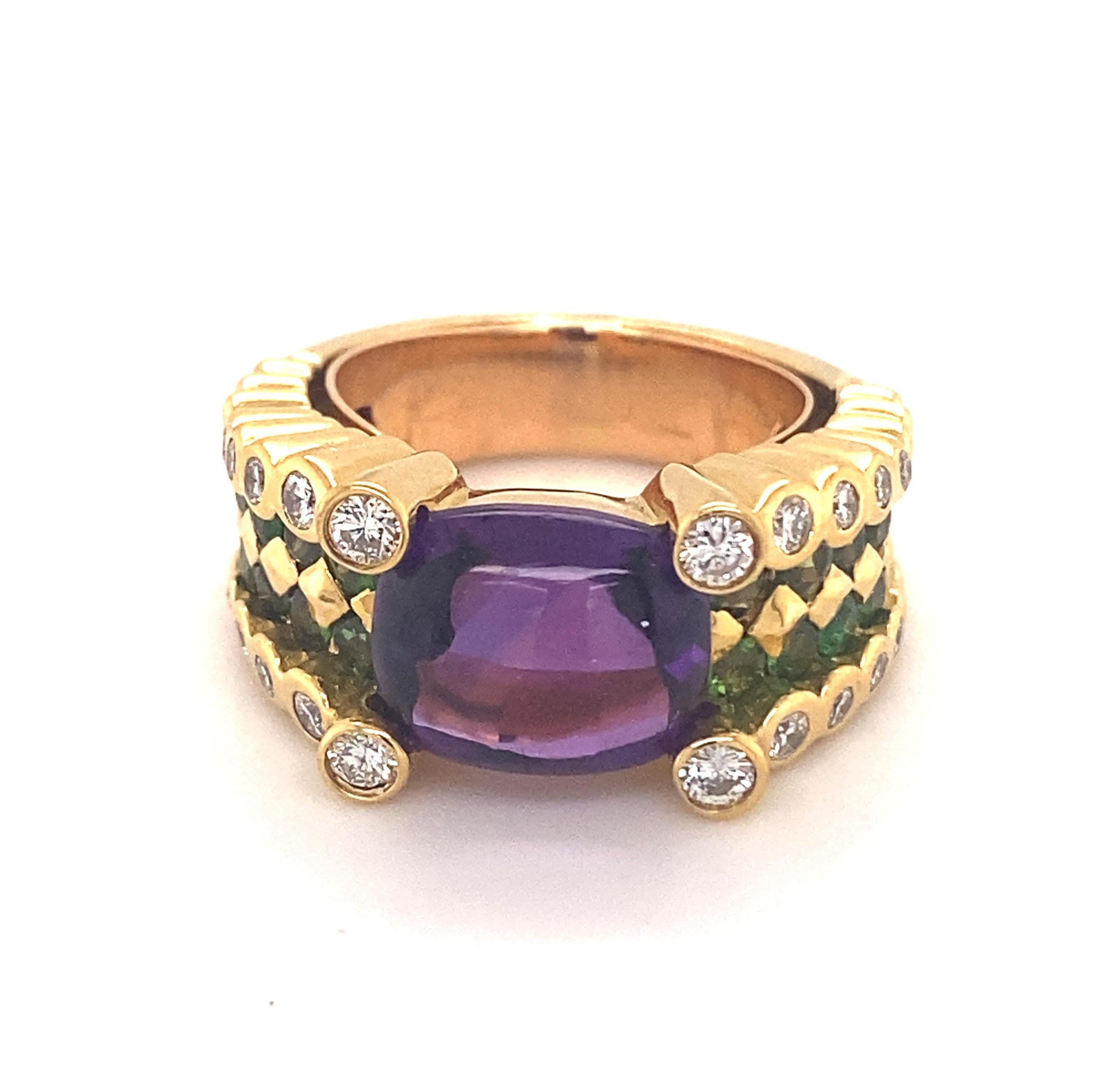 Vintage Designer Amethyst Tsavorite Diamond 18k Yellow Gold Ring In Good Condition For Sale In Woodland Hills, CA