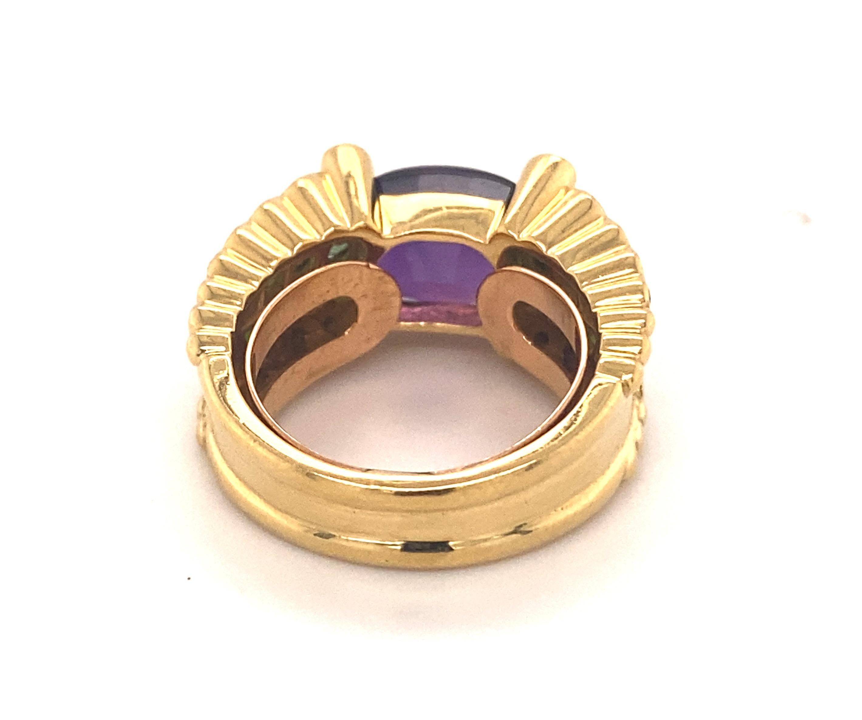Women's Vintage Designer Amethyst Tsavorite Diamond 18k Yellow Gold Ring For Sale