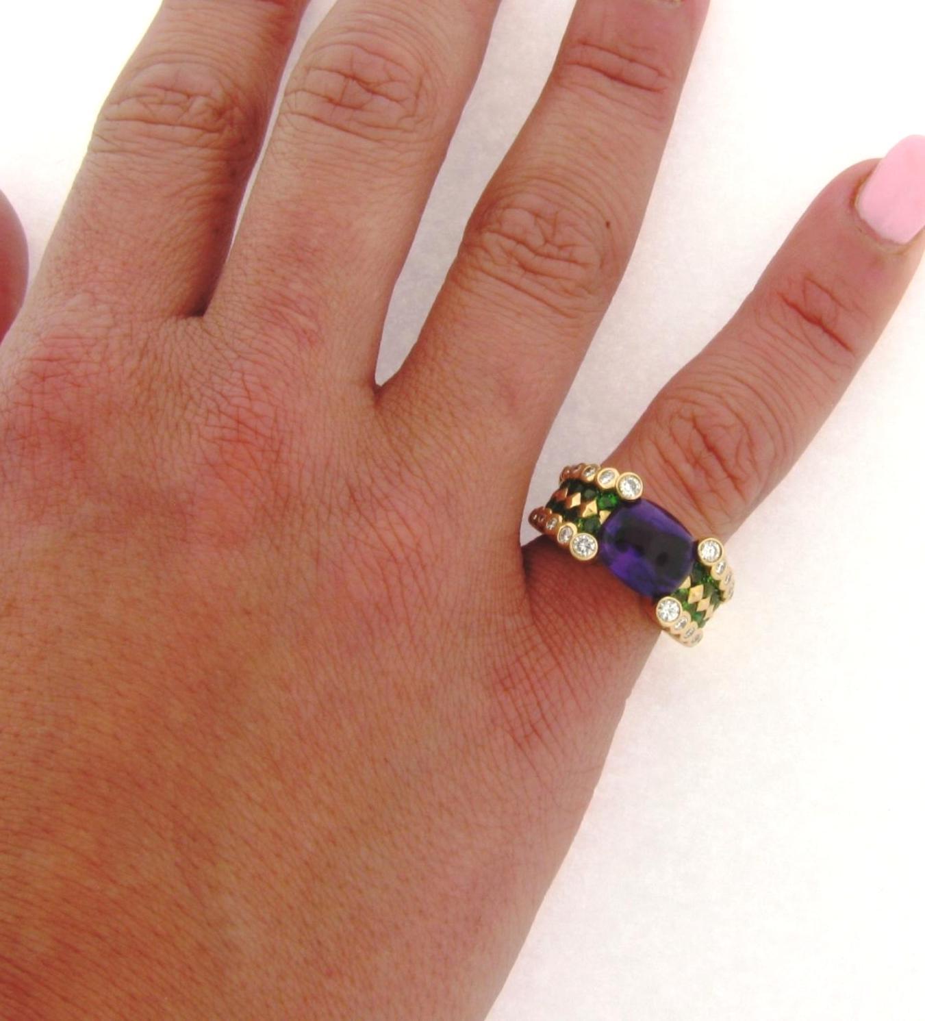 Vintage Designer Amethyst Tsavorite Diamond 18k Yellow Gold Ring For Sale 1
