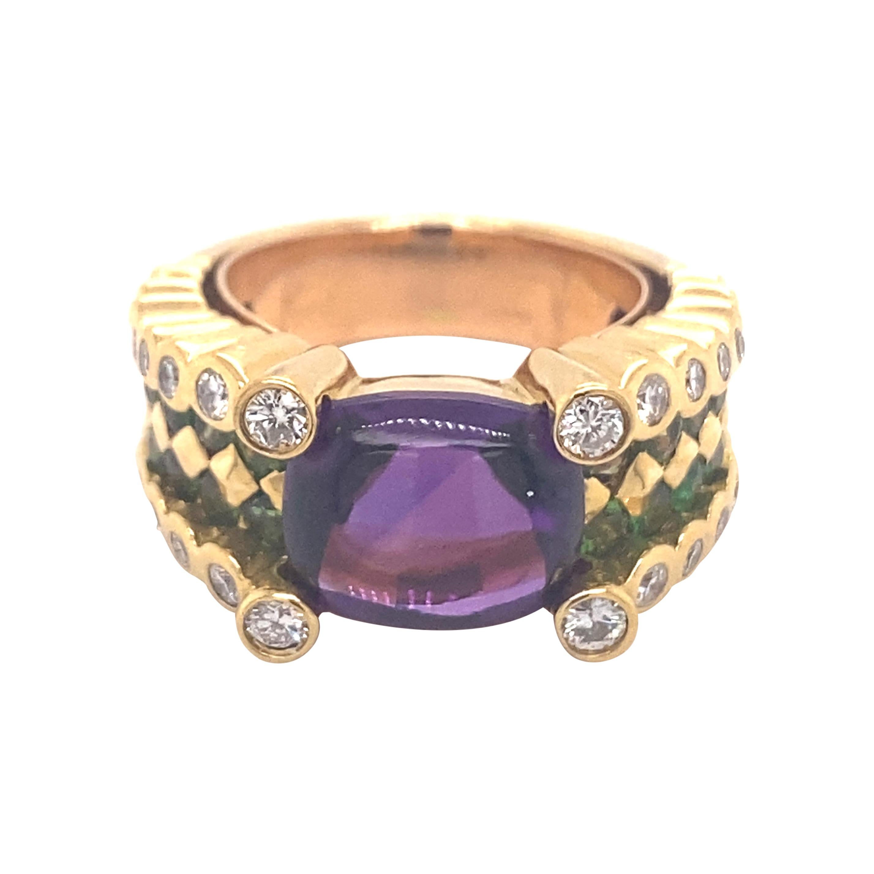 Vintage Designer Amethyst Tsavorite Diamond 18k Yellow Gold Ring For Sale