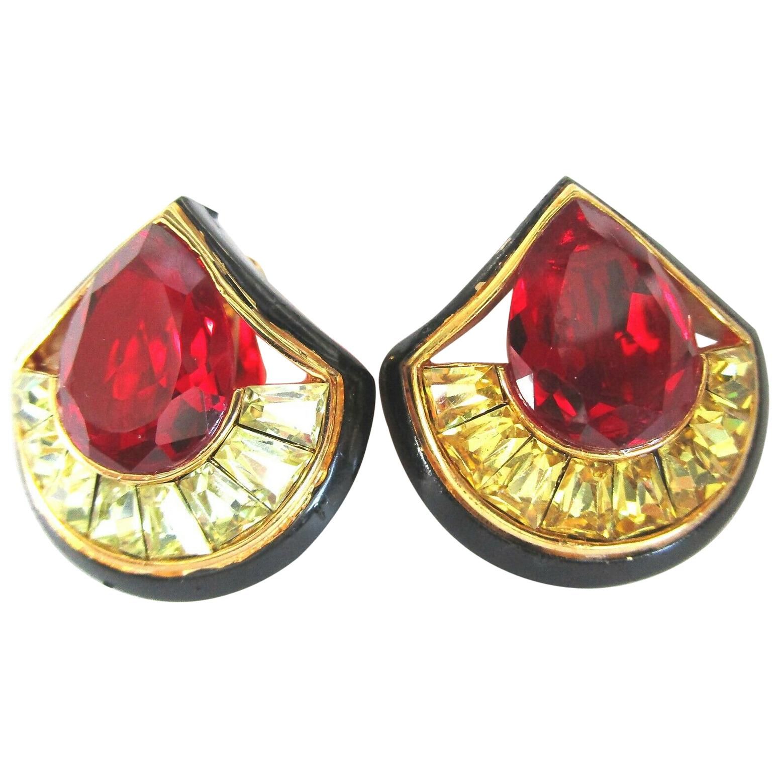 Vintage Designer Angela Kramer Red and Yellow Baguette CZ Enamel Clip Earrings