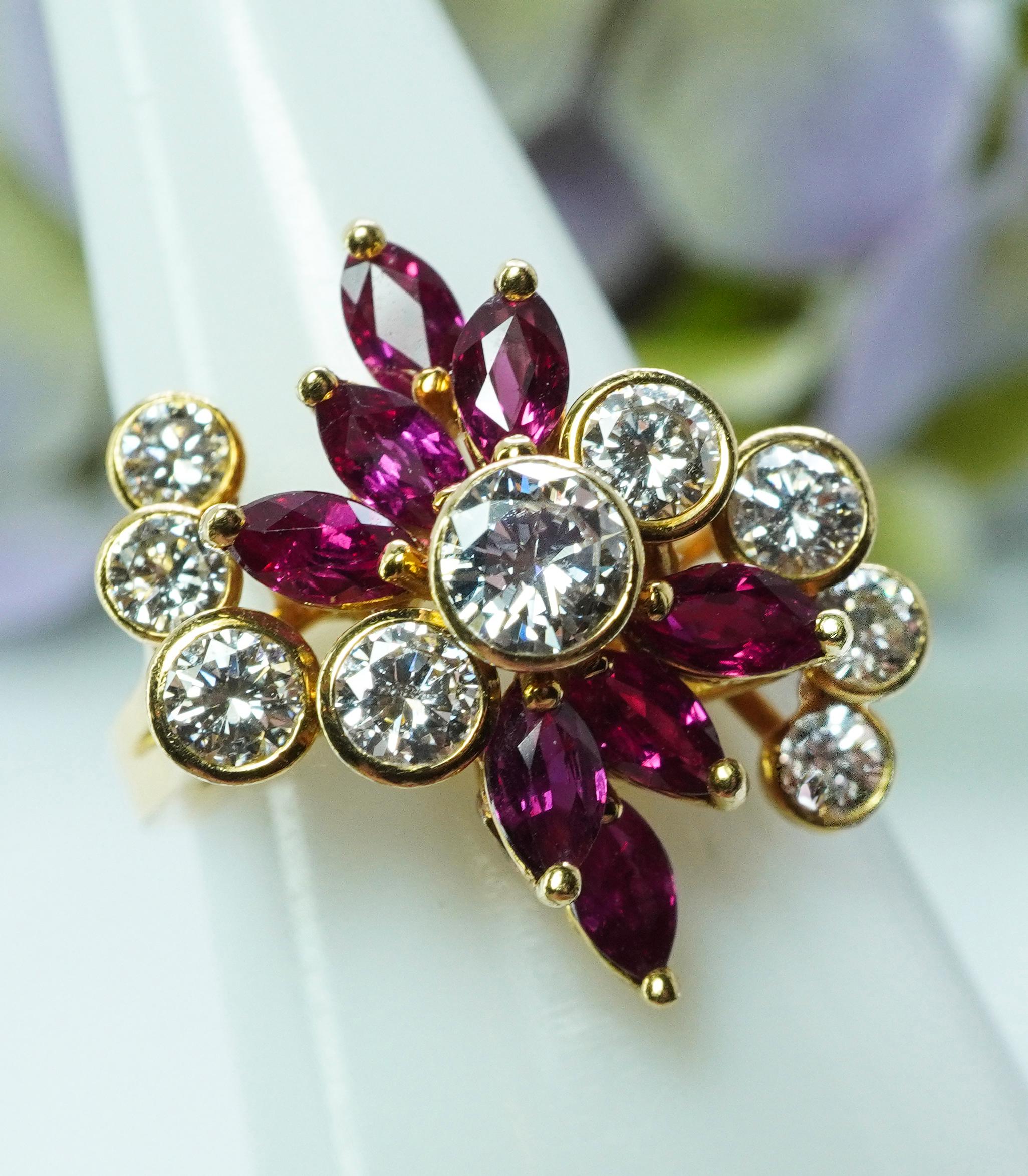 Vintage Designer Burmese Ruby Diamond Ring 18K Gold GC&G Sign Estate Midcentury Damen im Angebot