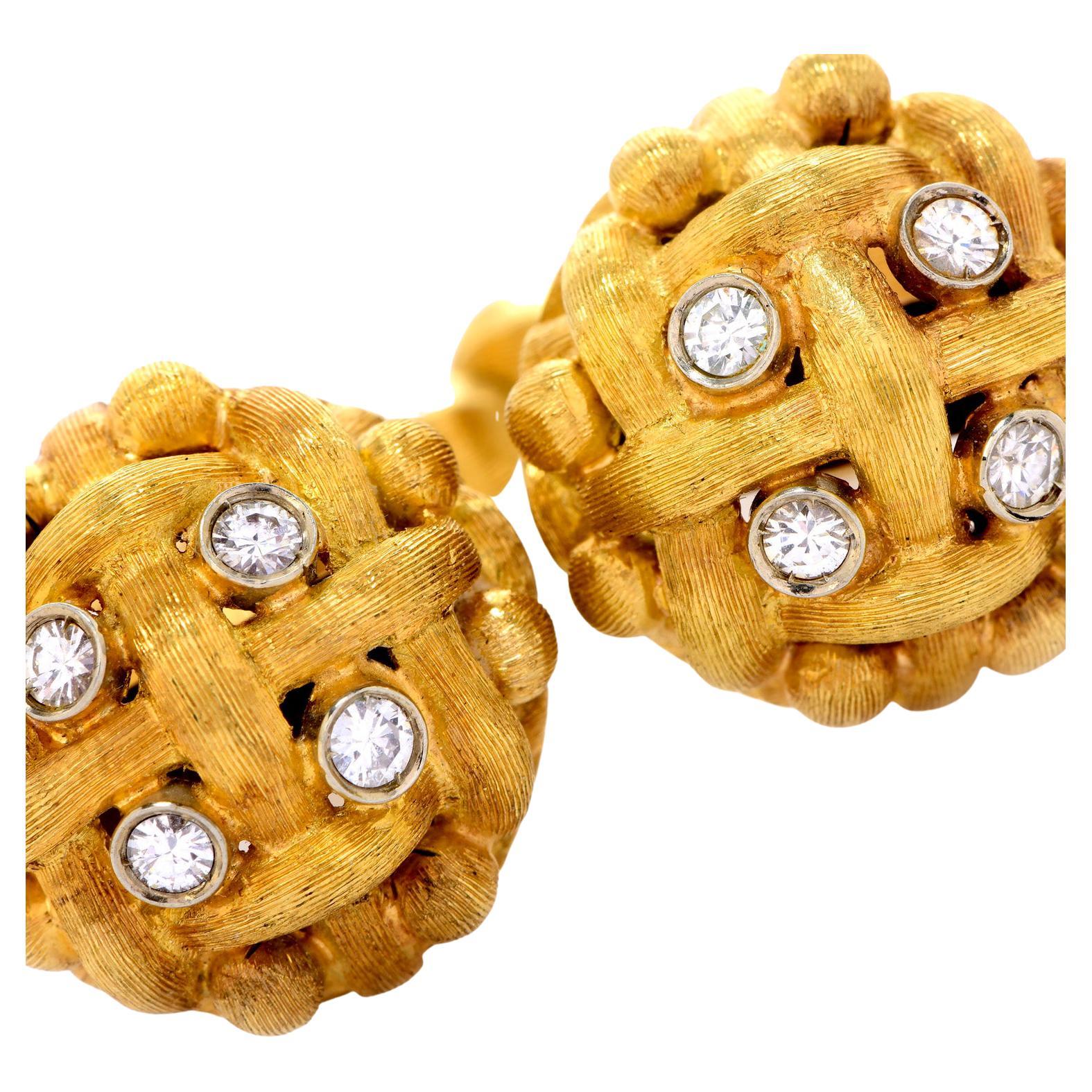 Vintage 1980 Retro Diamond 18K Gold Woven Style with satin-textured Rope accents Cufflinks, 

This is an exquisite pair of classy cufflinks, weighing approximately 18.4 grams 

Handcrafted in solid heavy 18K yellow gold, each cufflink is highlighted