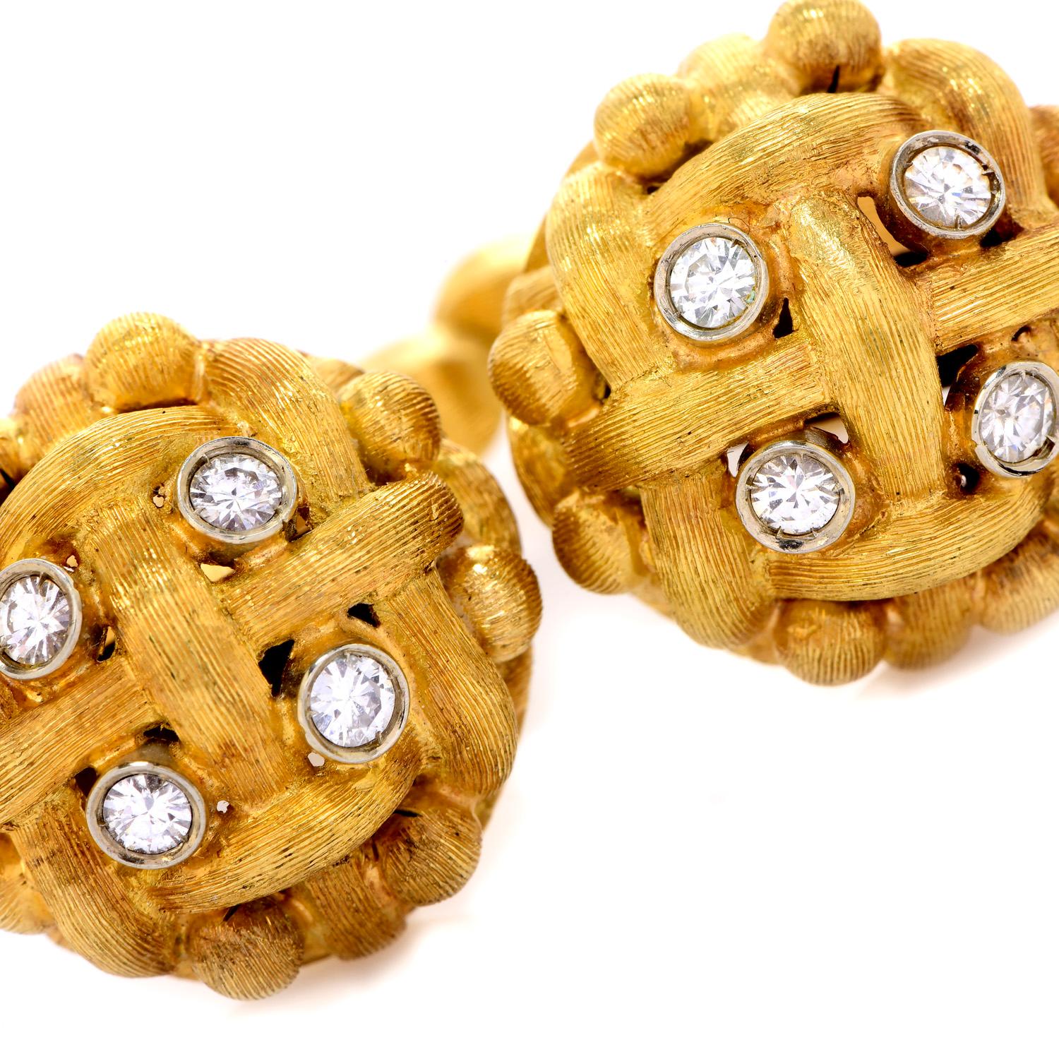 Round Cut Vintage Designer Diamond 18K Gold Woven Cufflinks For Sale