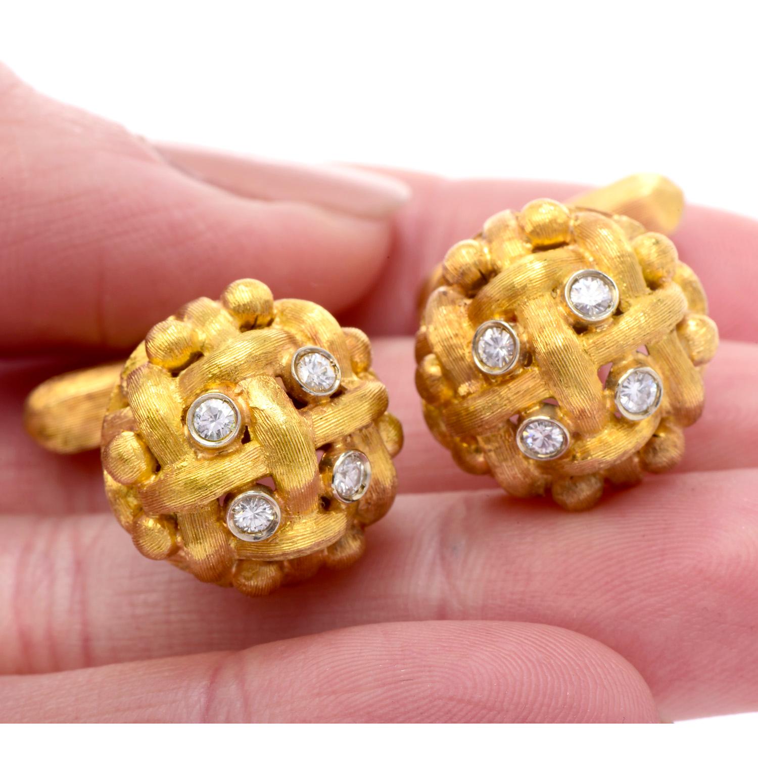 Women's or Men's Vintage Designer Diamond 18K Gold Woven Cufflinks For Sale