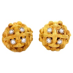 Vintage Designer Diamond 18K Gold Woven Cufflinks