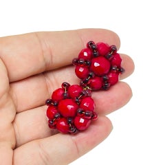 Vintage HOBE signed gold tone red glass beaded cluster designer clip on earrings