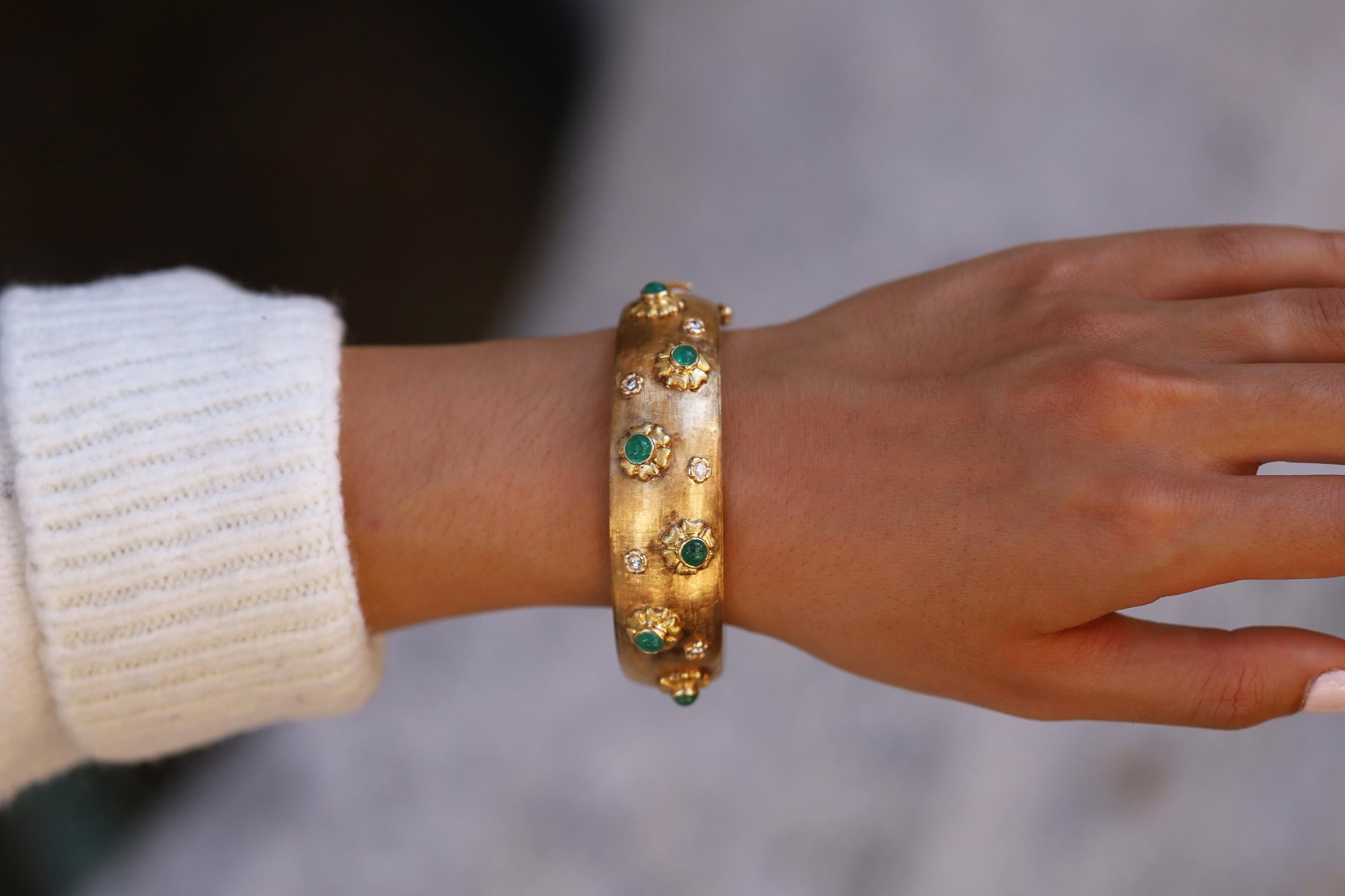 Artisan Vintage Designer Emerald Cabochon and Diamond Bangle Bracelet For Sale