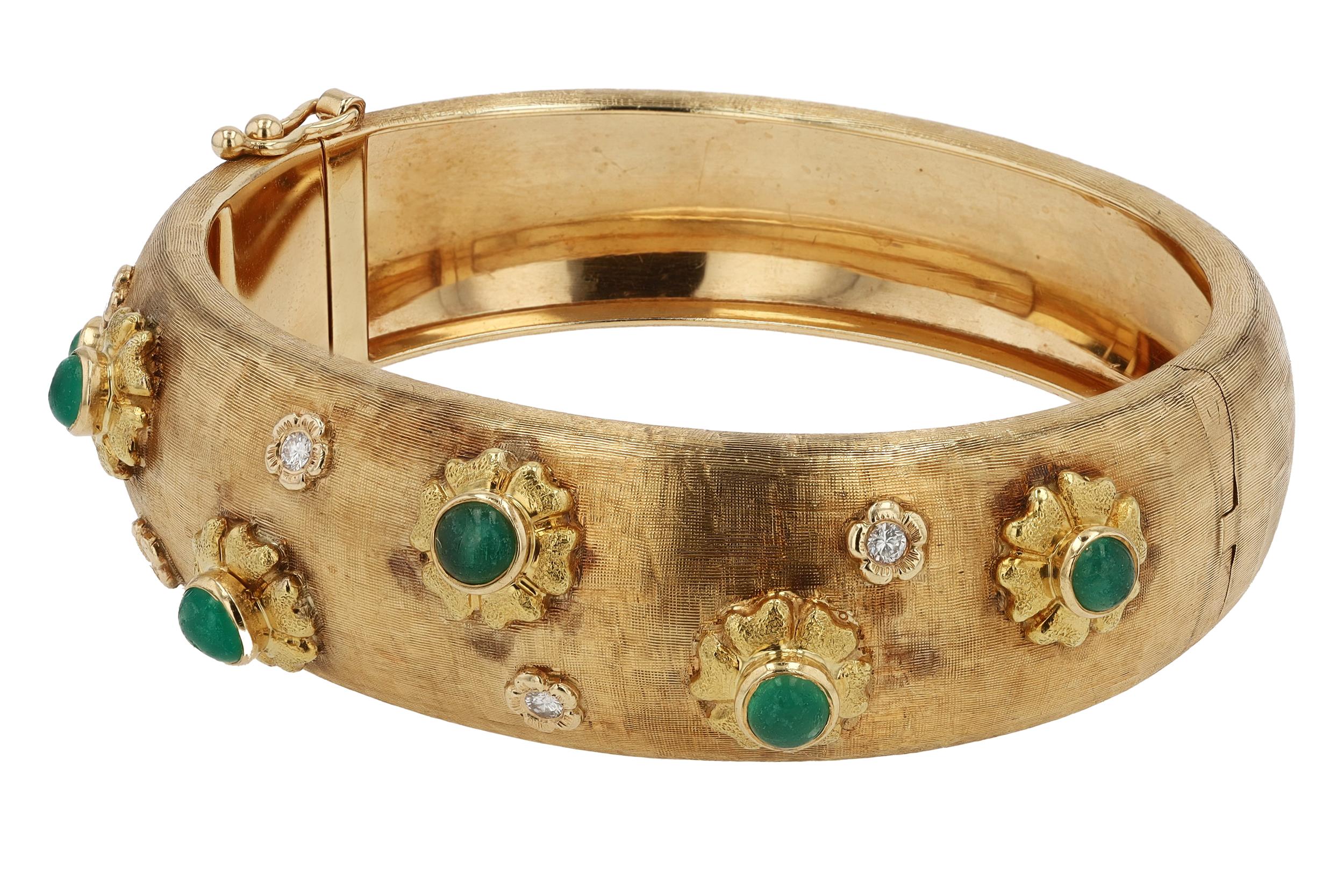 Vintage Designer Emerald Cabochon and Diamond Bangle Bracelet In Good Condition For Sale In Santa Barbara, CA