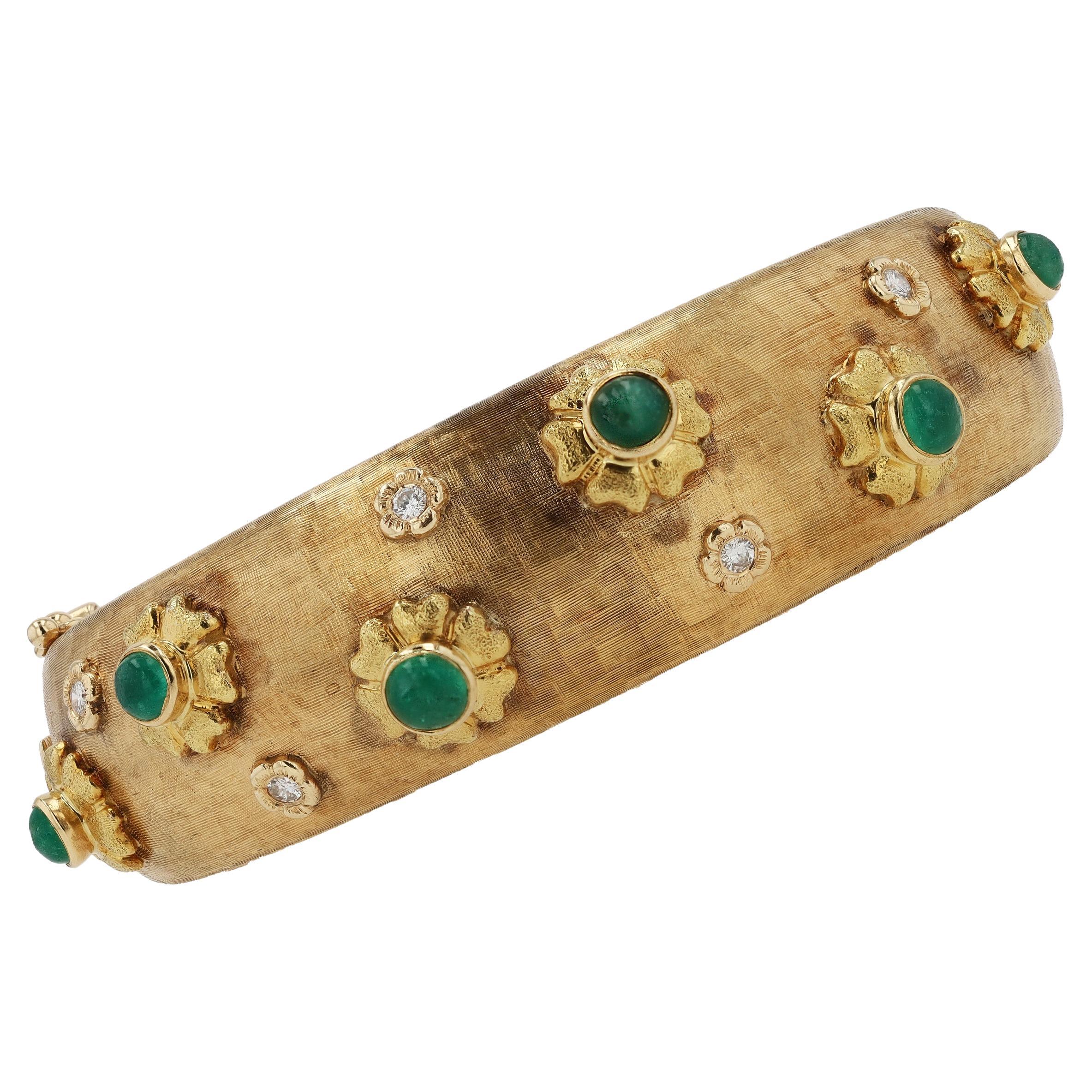 Vintage Designer Emerald Cabochon and Diamond Bangle Bracelet For Sale