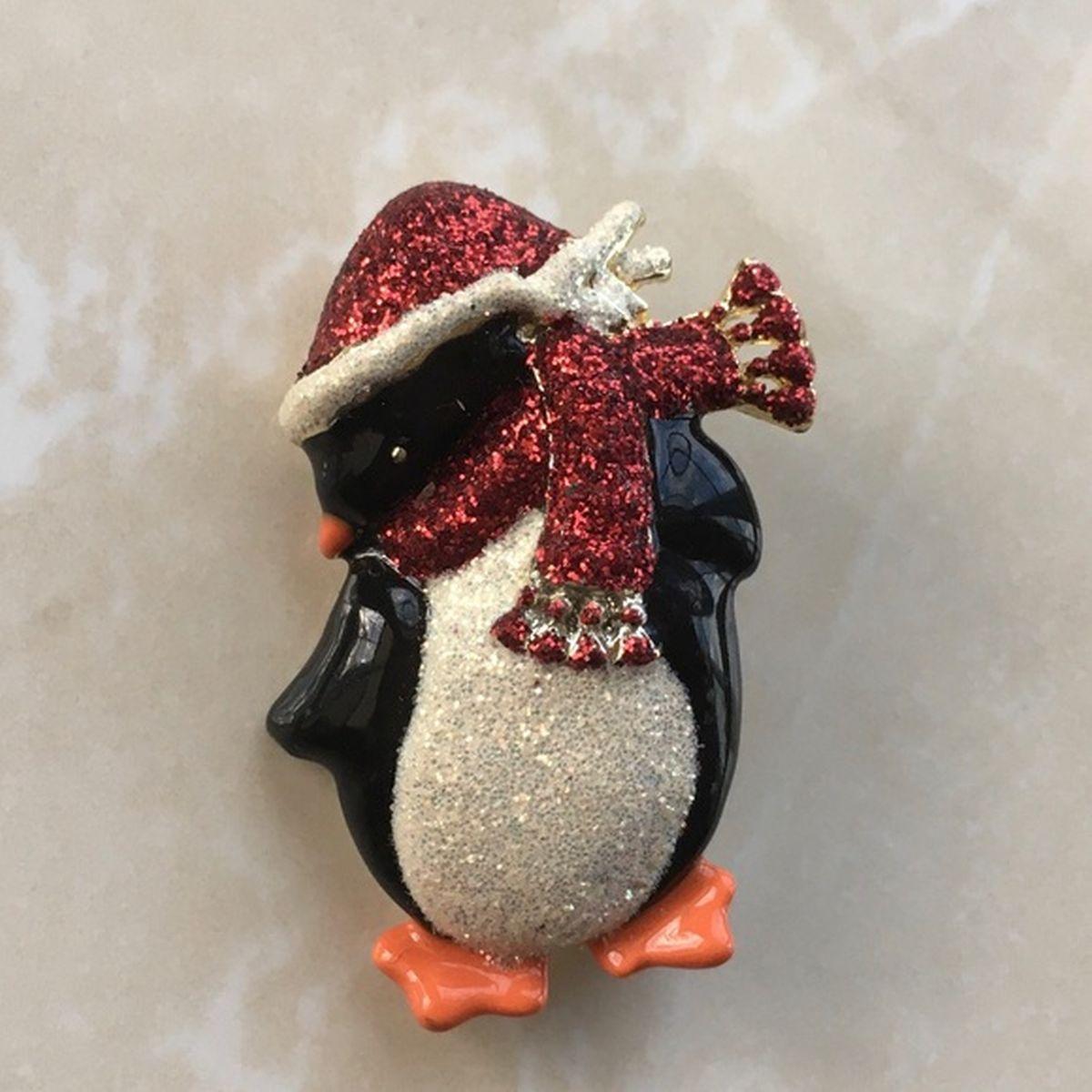 Simply Wonderful! Penguin with Sassy Personality! Vintage Designer Signed Danecraft Enamel Penguin Brooch Pin. Enhanced with Sparkling Belly and Red Scarf. Measuring approx. 1