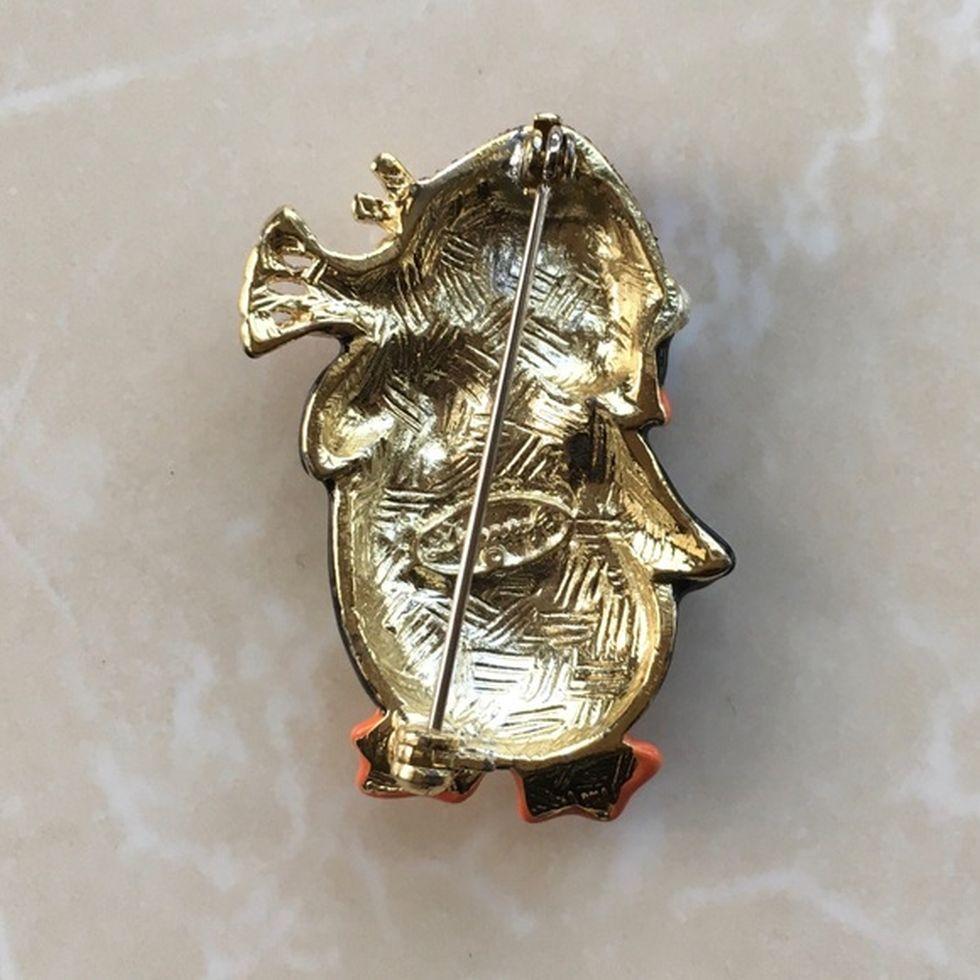 Modern Vintage Designer Enamel Penguin Brooch Happy Holiday Pin For Sale