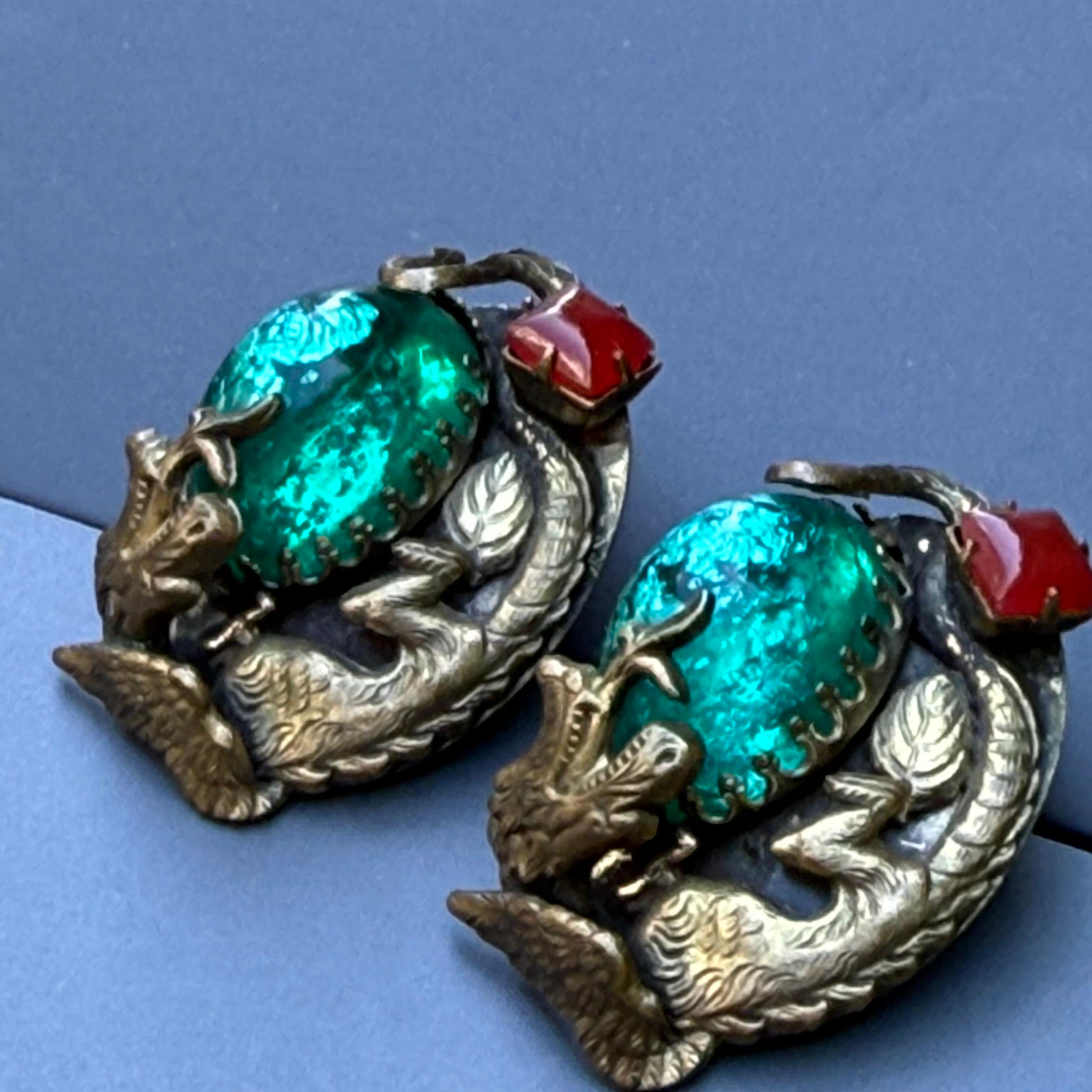 Pendientes de clip con forma de dragón de cristal de diseño vintage en venta 2