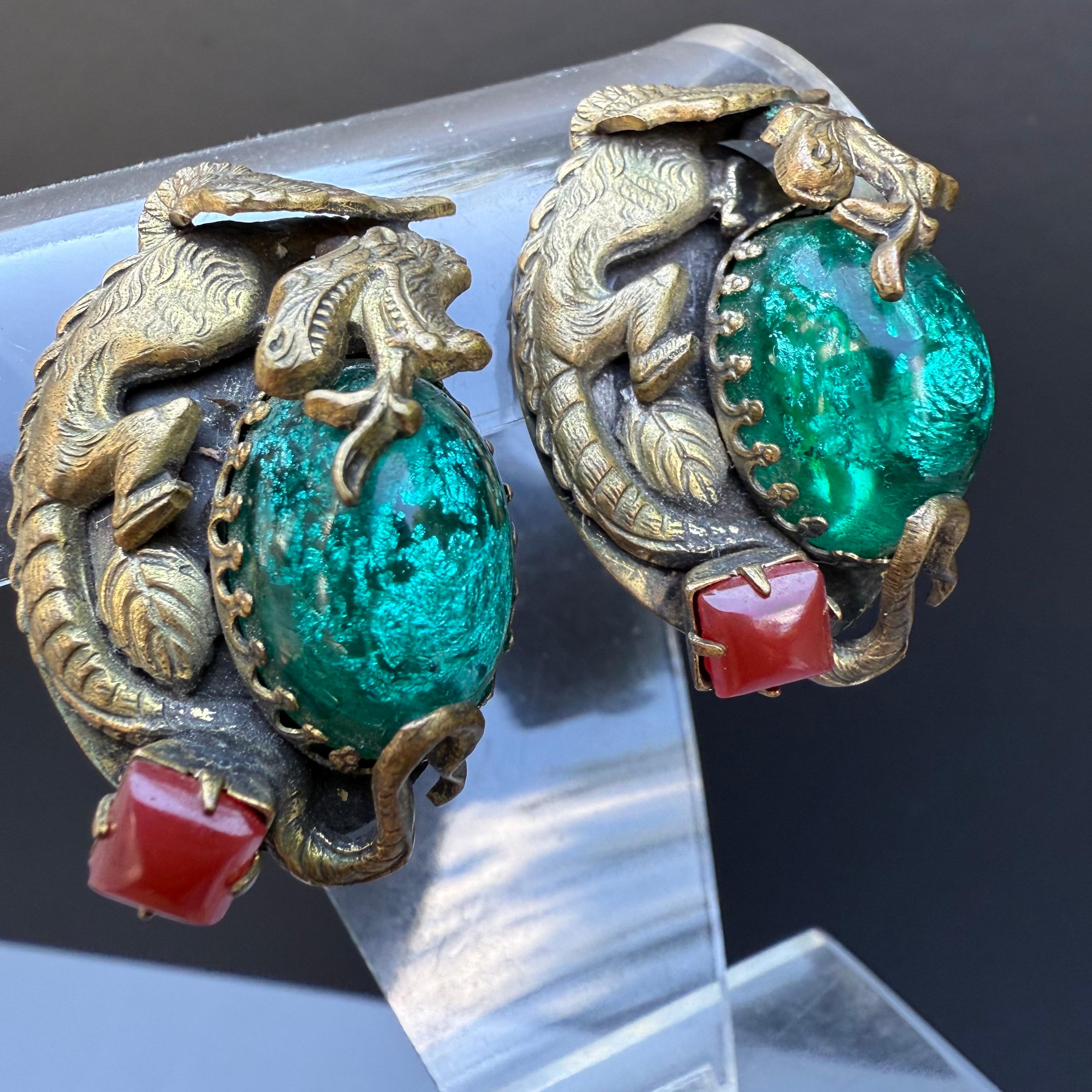 Pendientes de clip con forma de dragón de cristal de diseño vintage en venta 3