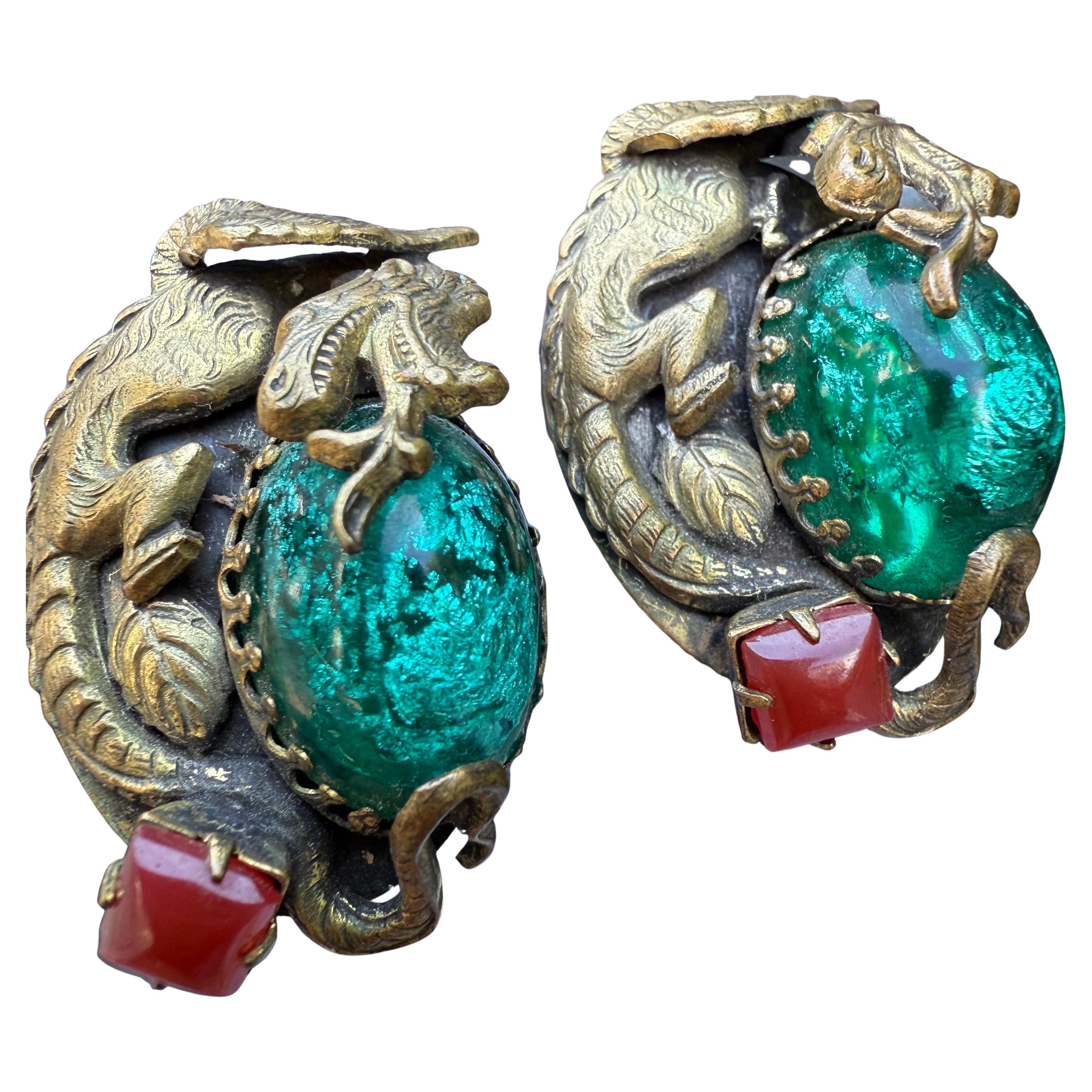 Pendientes de clip con forma de dragón de cristal de diseño vintage en venta