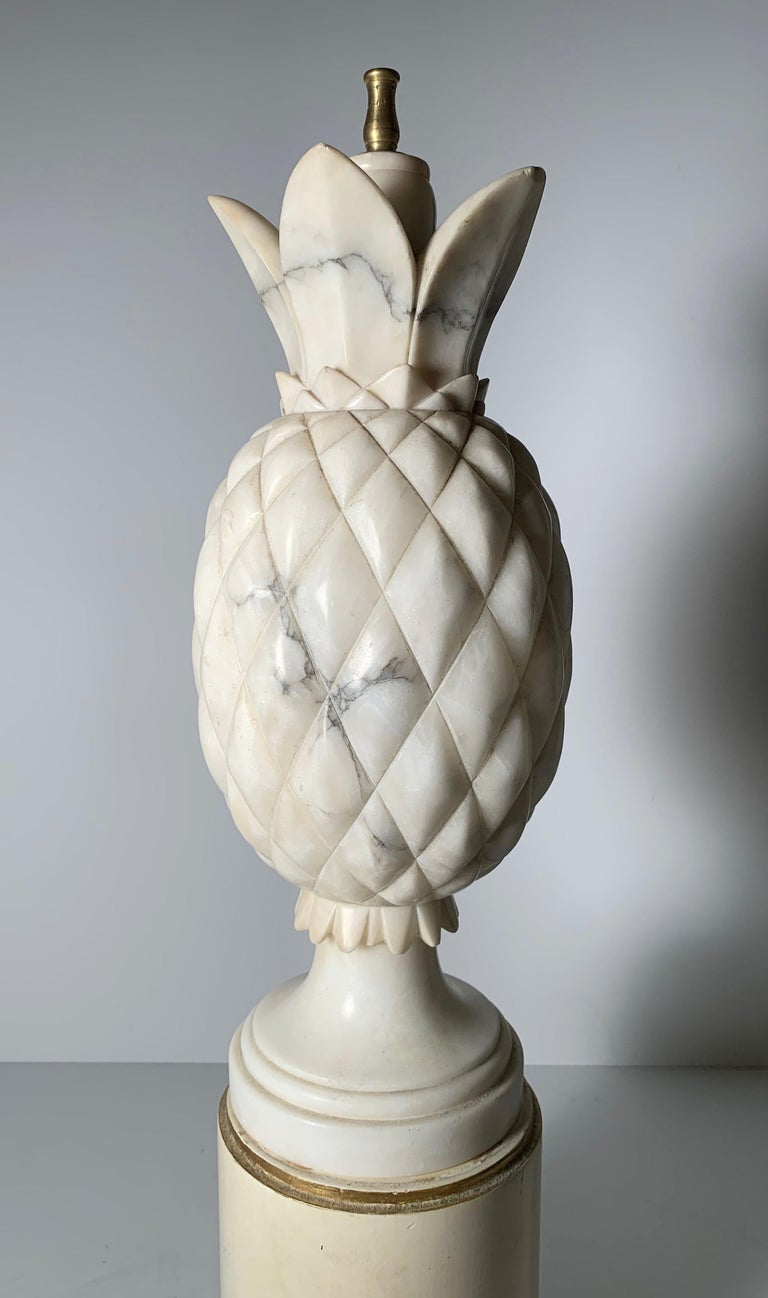 Vintage Designer Italian Carved Marble Pineapple Table Lamp For Sale at