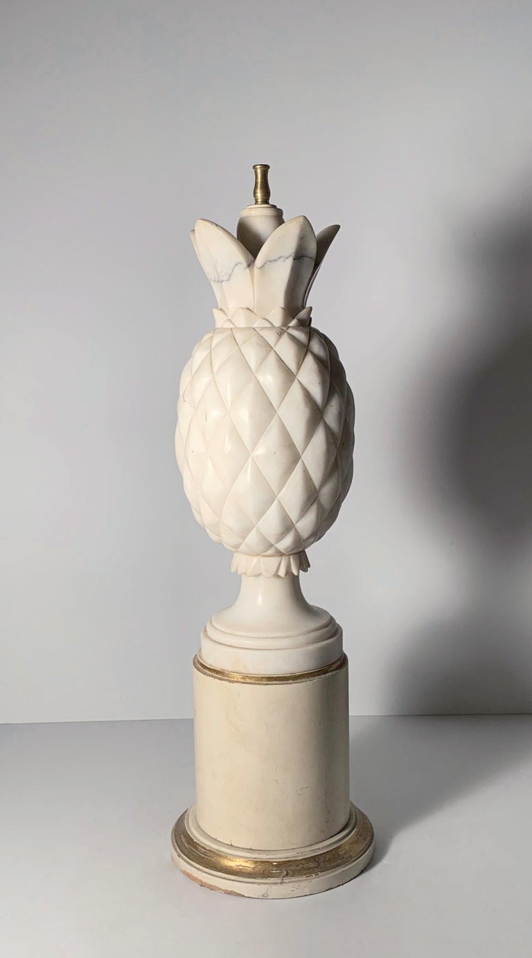 Vintage Designer Italian Carved Marble Pineapple Table Lamp For Sale at