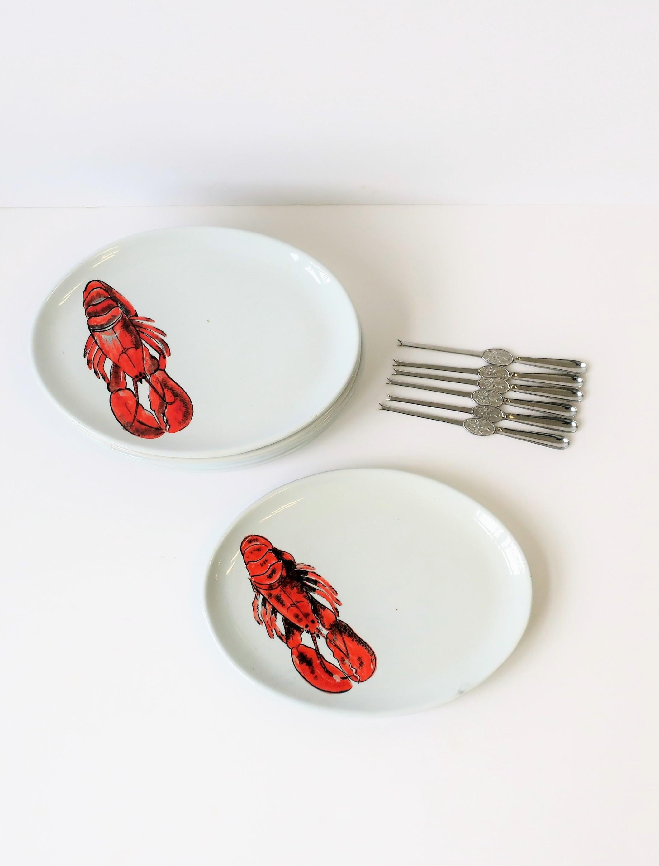 Summer Italian Lobster Dinner Plates with Forks from Sweden, Set of 6 For Sale 2