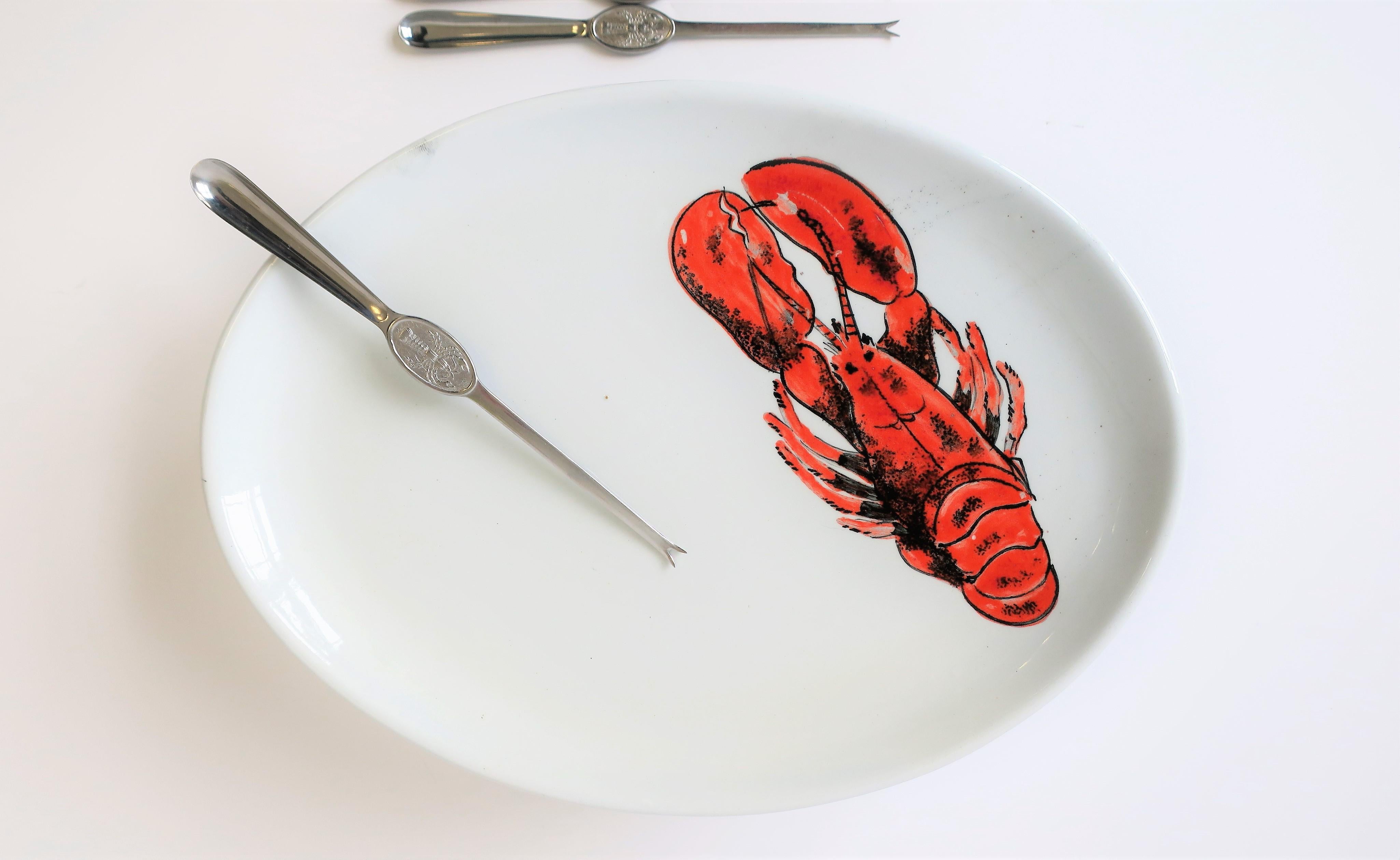 Glazed Summer Italian Lobster Dinner Plates with Forks from Sweden, Set of 6 For Sale