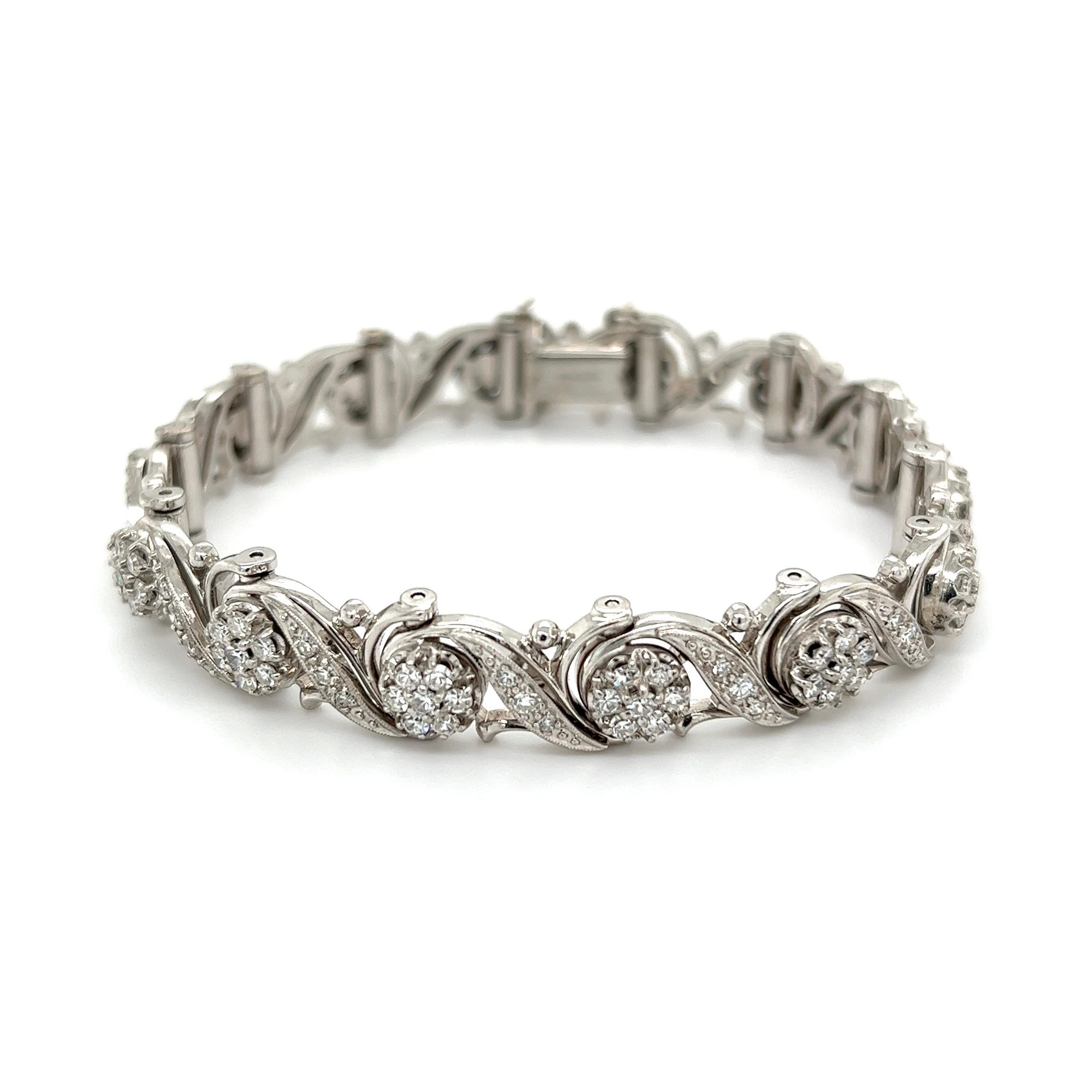 Simply Beautiful! Finely detailed Designer JABEL Diamond Gold Bracelet. Hand set with 140 Single Cut Diamonds weighing approx. 4.20tcw. Hand crafted 18K White Gold. Measuring approx. 6.5” long x 0.40” wide. The Bracelet is in excellent condition and