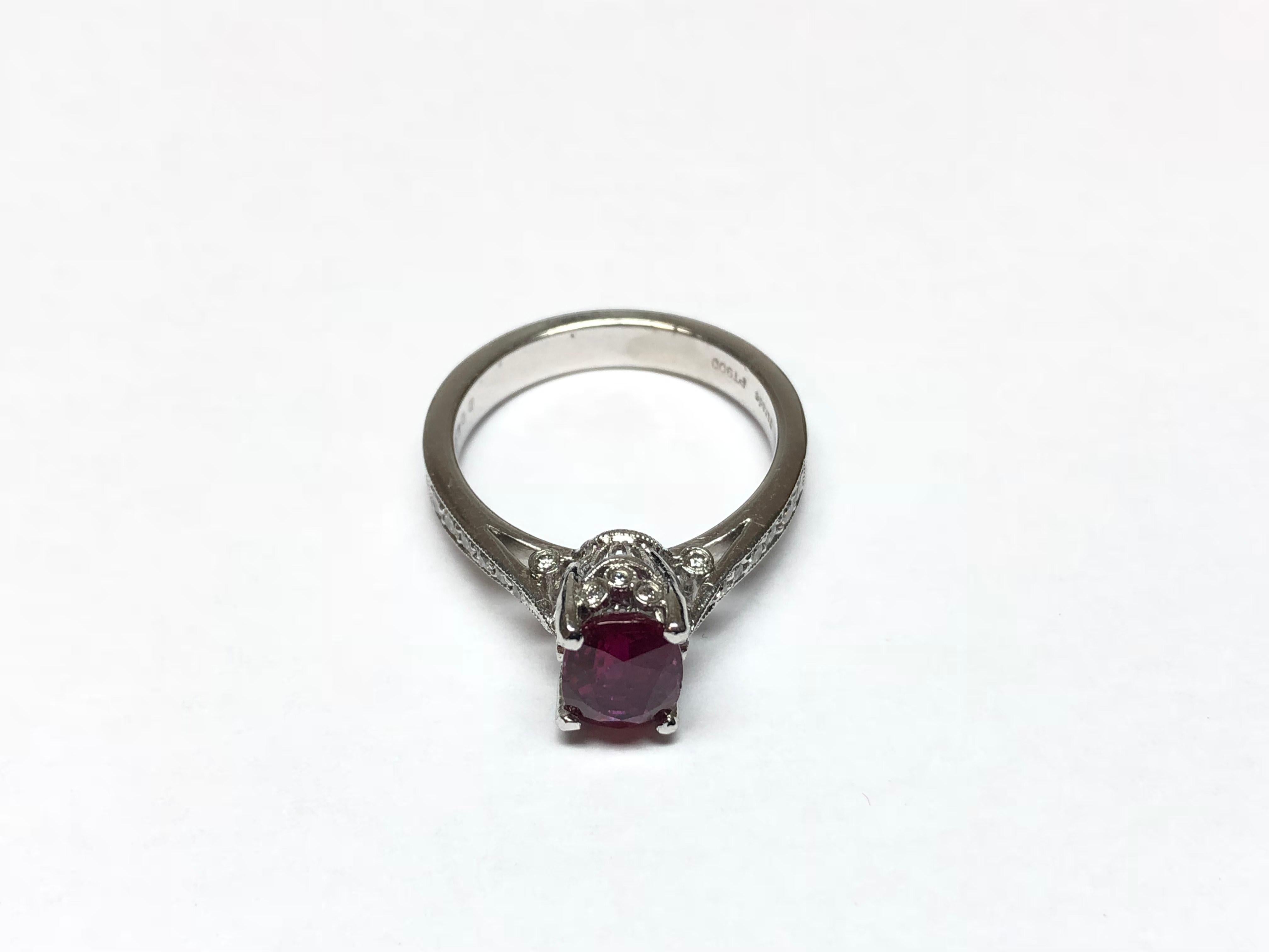 Art Deco Vintage Designer Jewelry Platinum Ring with Diamonds and Burmese Ruby For Sale