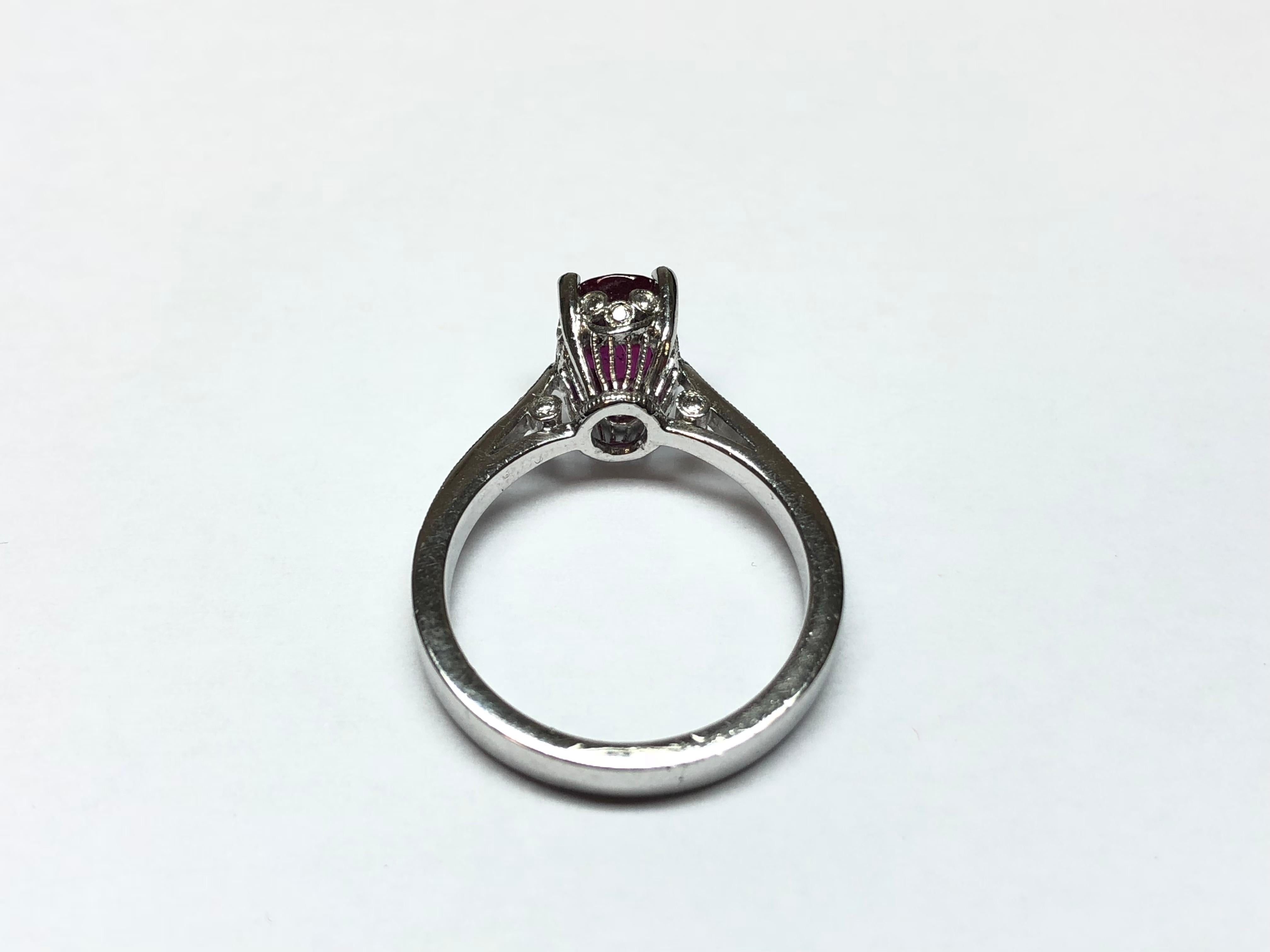 Women's Vintage Designer Jewelry Platinum Ring with Diamonds and Burmese Ruby For Sale