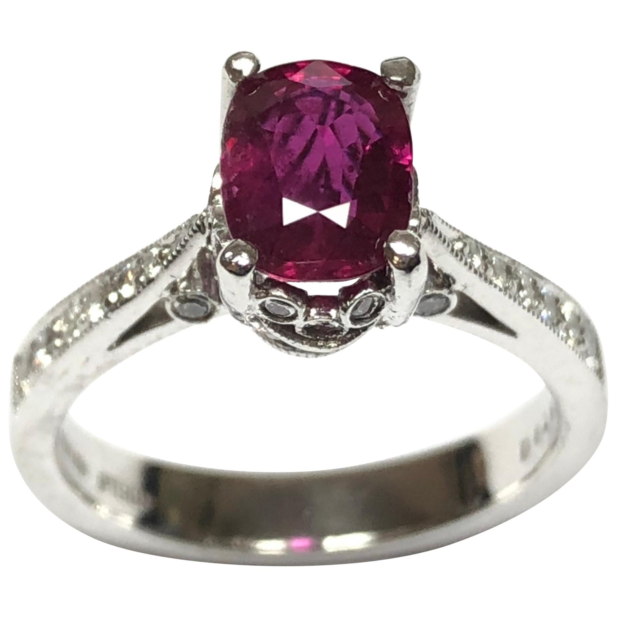 Vintage Designer Jewelry Platinum Ring with Diamonds and Burmese Ruby For Sale