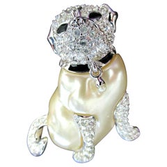 Antique Designer Kenneth J Lane Faux Pearl Crystal Pug Dog Signed KJL Pin Brooch