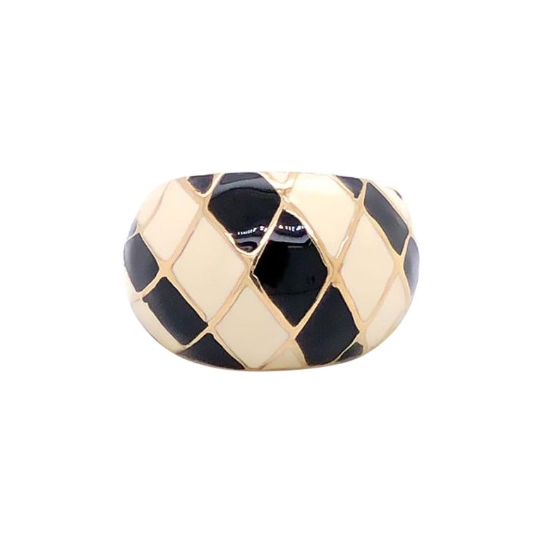 Vintage Designer MAZ Großer schwarzer und weißer Emaille-Ring aus 14k Gelbgold