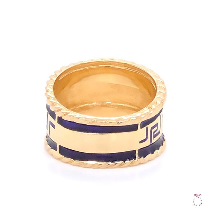 Women's or Men's Vintage Designer MAZ Large Blue Enamel Cigar Ring in 14k Yellow Gold