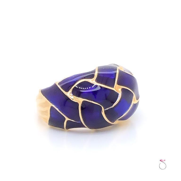 Vintage Designer MAZ Large Violet Enamel Weave Ring in 14k Yellow Gold