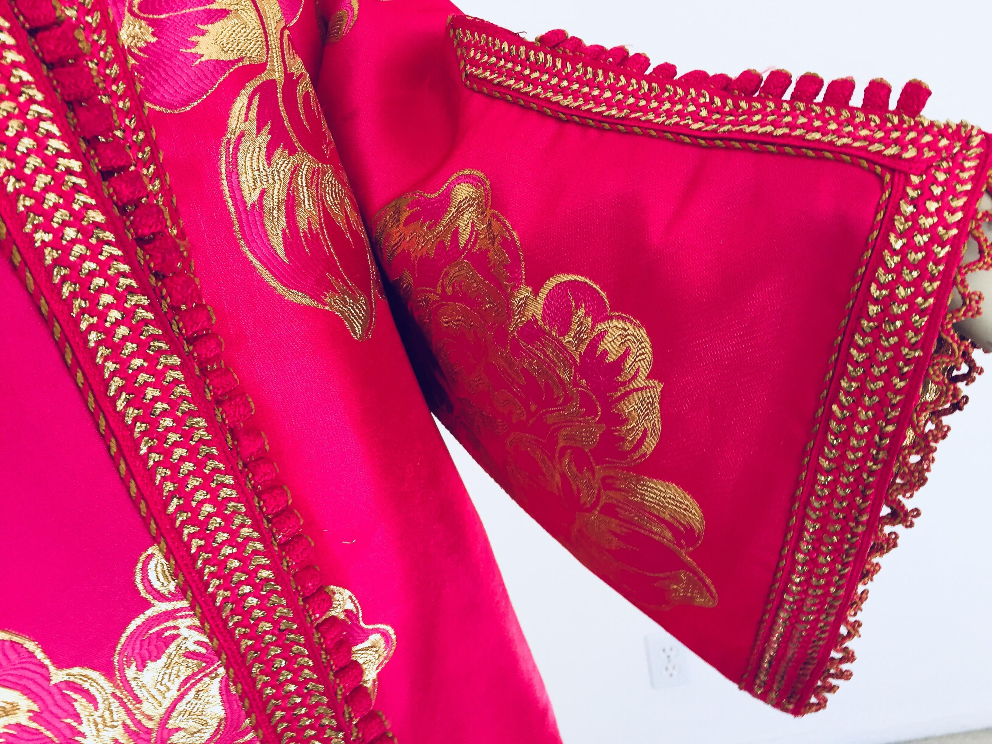 Red Vintage Designer Moroccan Caftan, Metallic Brocade Kaftan with Pink and Gold For Sale