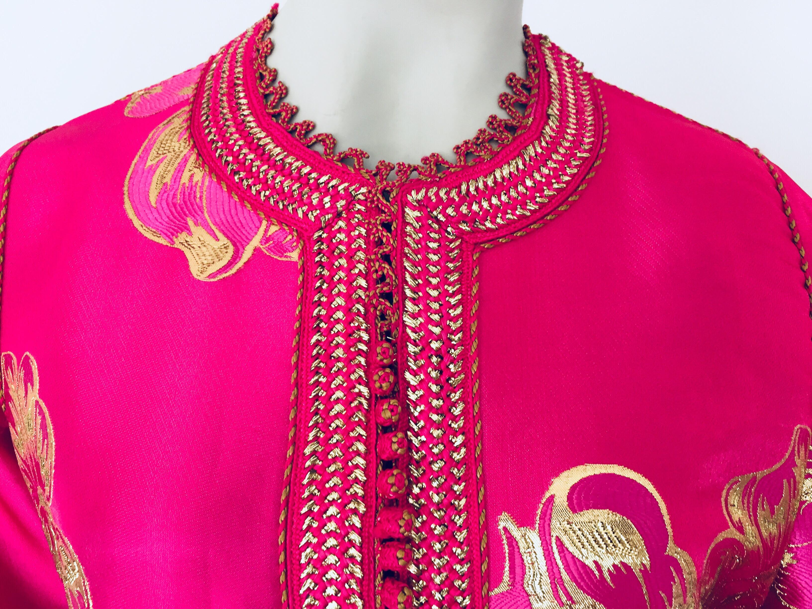 Hand-Crafted Vintage Designer Moroccan Caftan, Metallic Brocade Kaftan with Pink and Gold