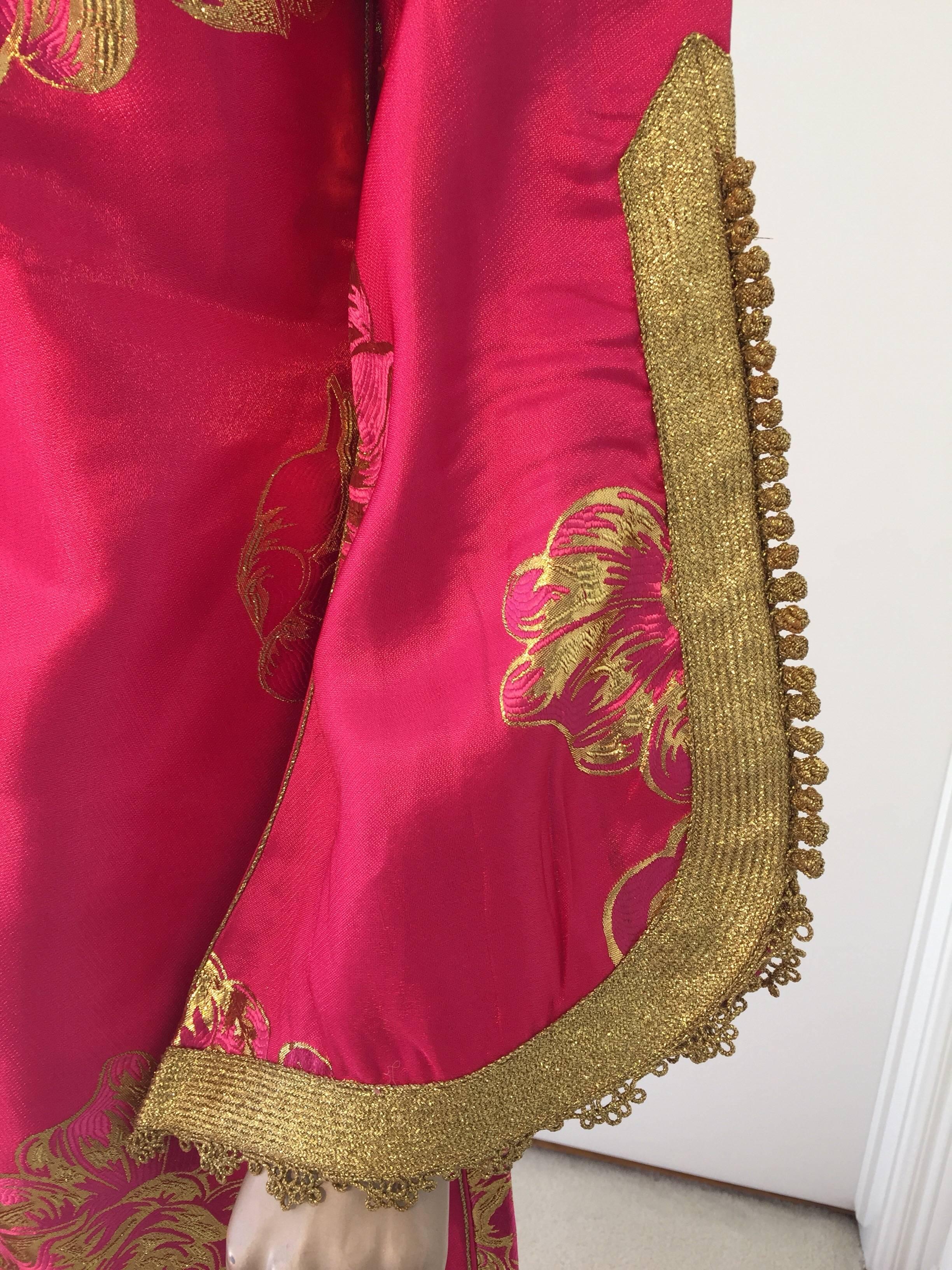 Hand-Crafted Vintage Designer Moroccan Kaftan, Embroidered Brocade Caftan with Pink and Gold