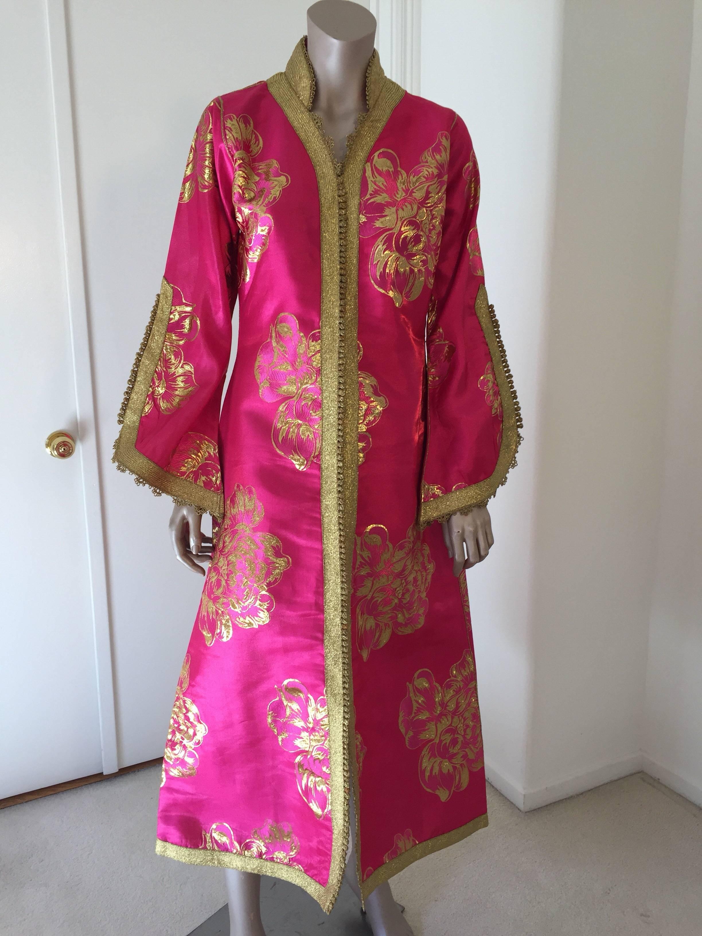 20th Century Vintage Designer Moroccan Kaftan, Embroidered Brocade Caftan with Pink and Gold