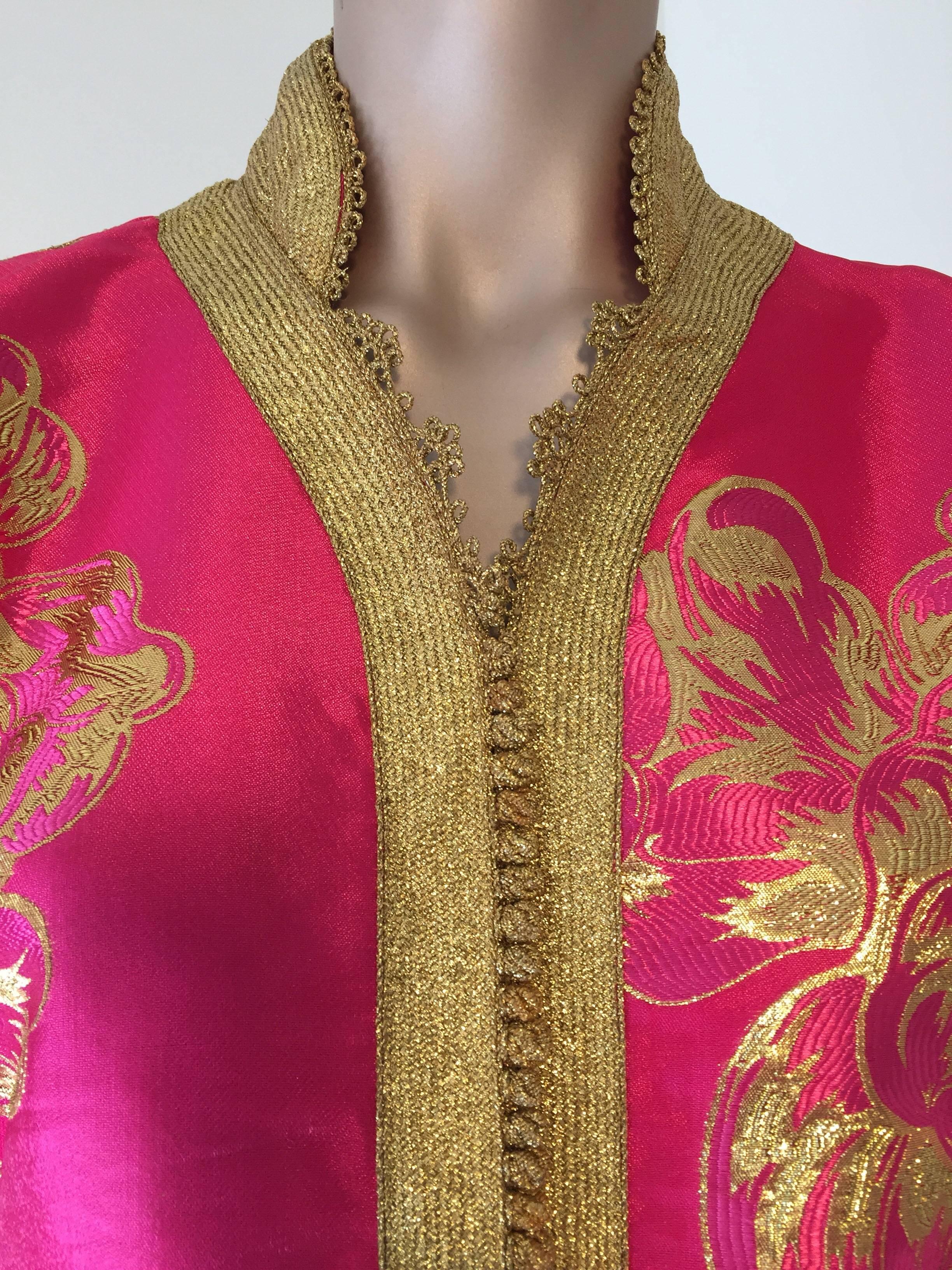 Vintage Designer Moroccan Kaftan, Embroidered Brocade Caftan with Pink and Gold 1