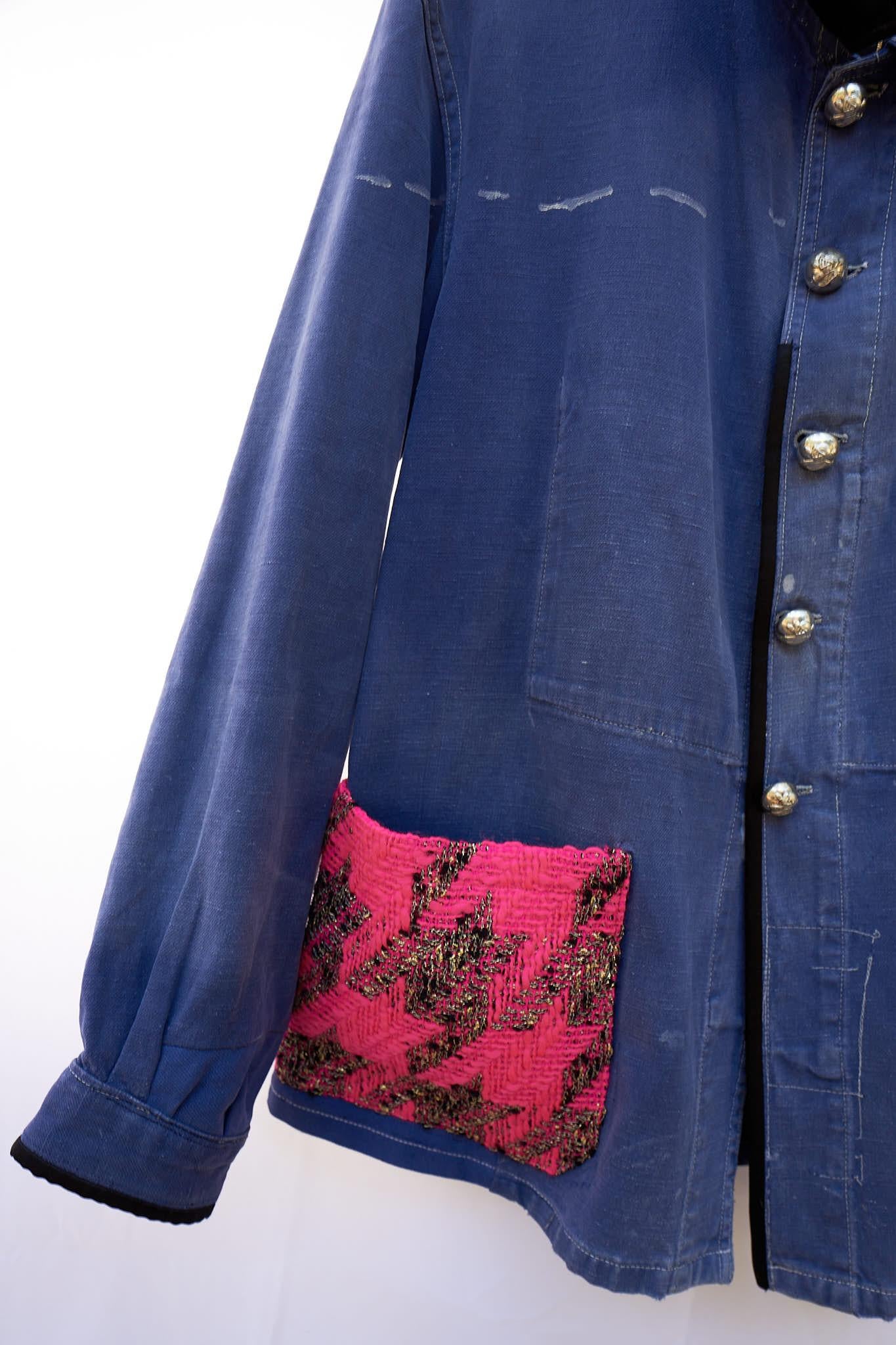 Purple Jacket Cotton Blue Designer Neon Pink Tweed Distressed French Work Wear For Sale