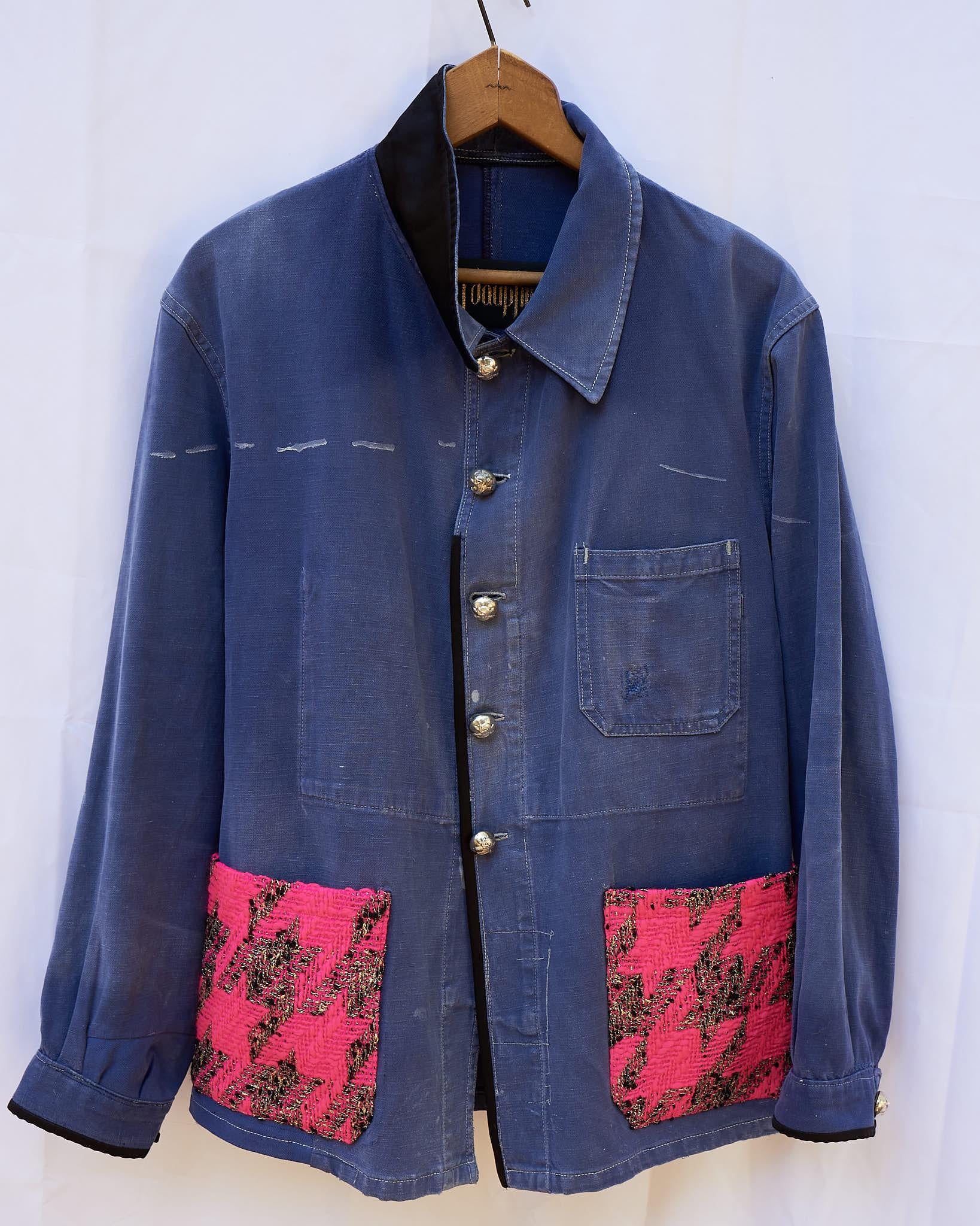 Jacket Cotton Blue Designer Neon Pink Tweed Distressed French Work Wear In New Condition For Sale In Los Angeles, CA