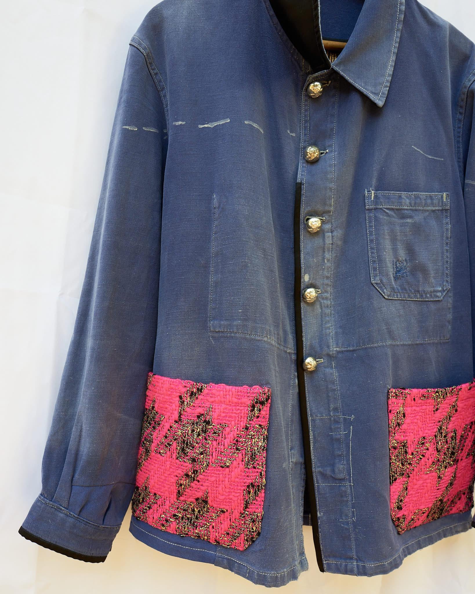 Women's Jacket Cotton Blue Designer Neon Pink Tweed Distressed French Work Wear For Sale