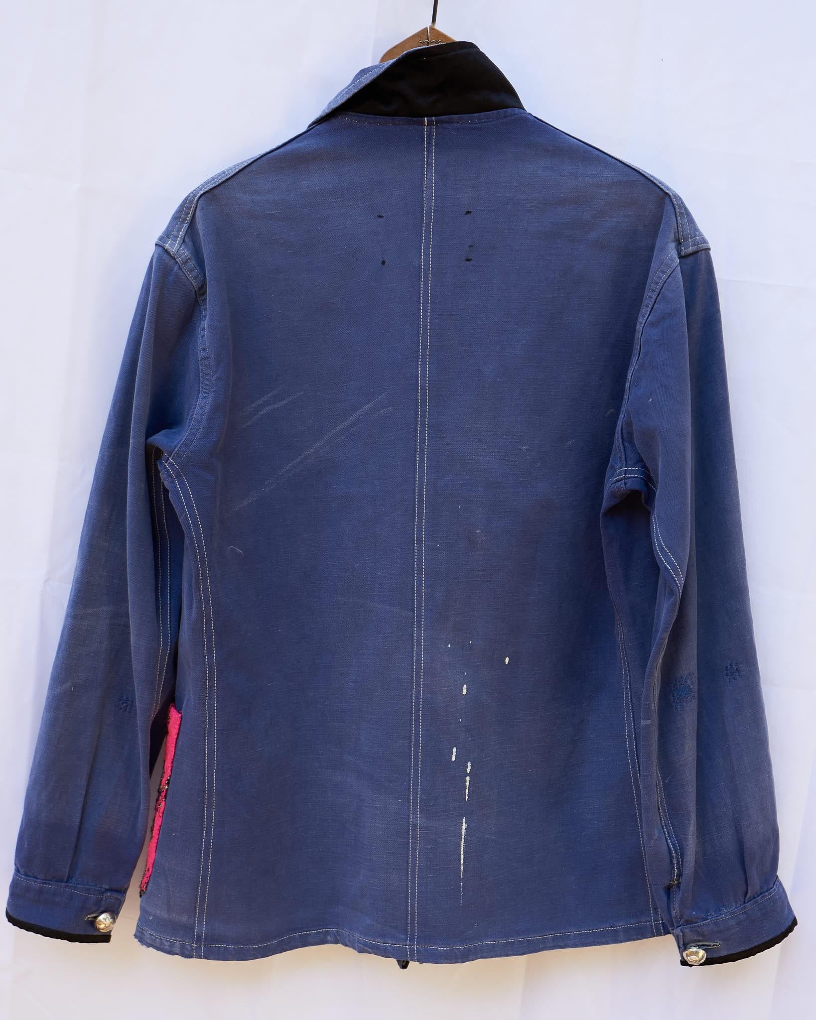 Jacket Cotton Blue Designer Neon Pink Tweed Distressed French Work Wear For Sale 2