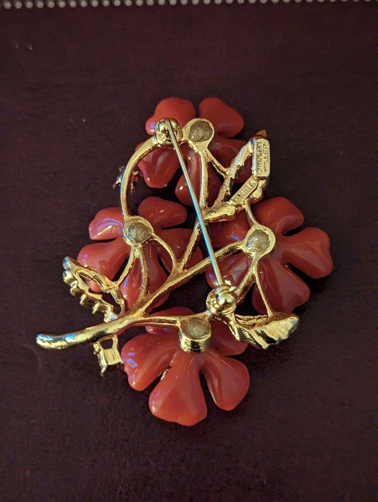 Modernist Vintage Designer Nolan Miller Signed Red Lucite and Crystal Flower Brooch Pin